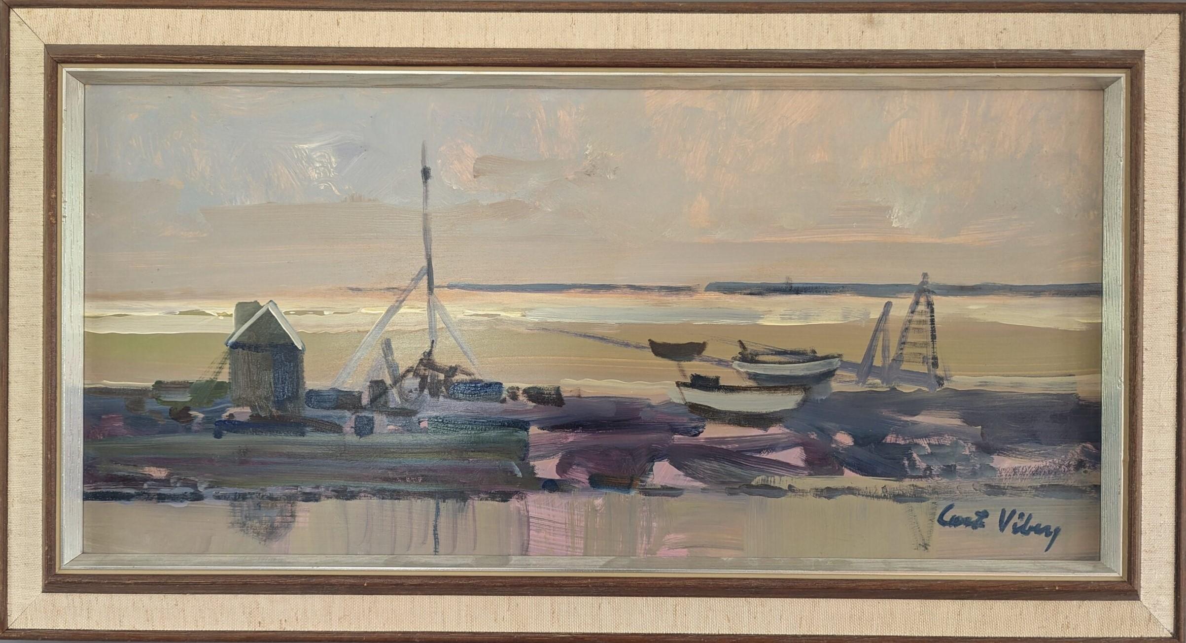 Landscape Painting de Unknown - Pintura al óleo abstracta sueca de mediados de siglo - Cuentos del mar