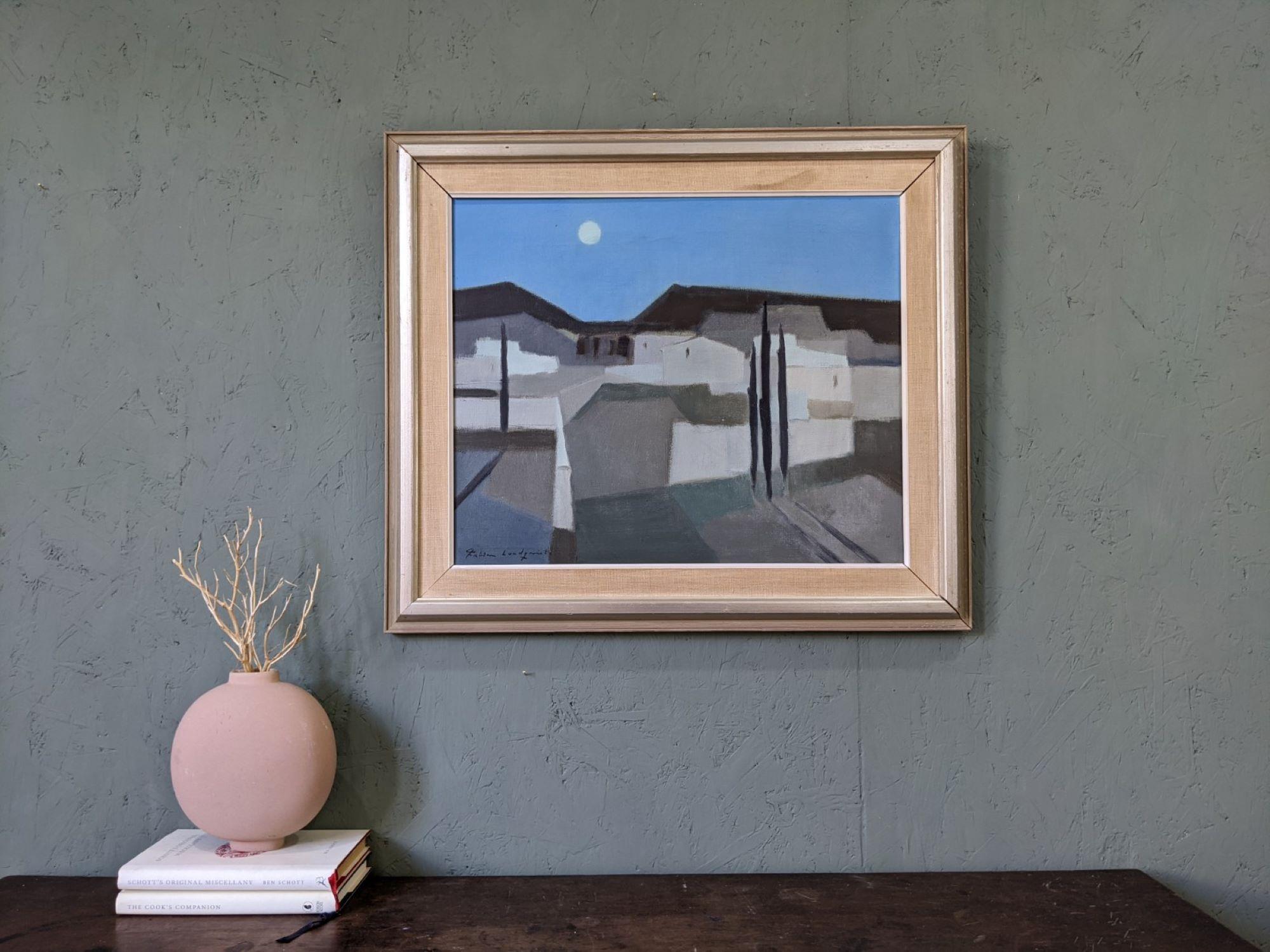 MOONLIGHT
Size: 51 x 59 cm (including frame)
Oil on canvas

An atmospheric modernist style composition executed in oil onto canvas by the well-established Swedish artist Fabian Lundqvist (1913-1989).

The painting presents a night scene with a moon