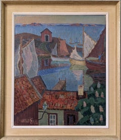 Vintage Mid-Century Swedish Coastal Landscape Framed Oil Painting - Setting Sail
