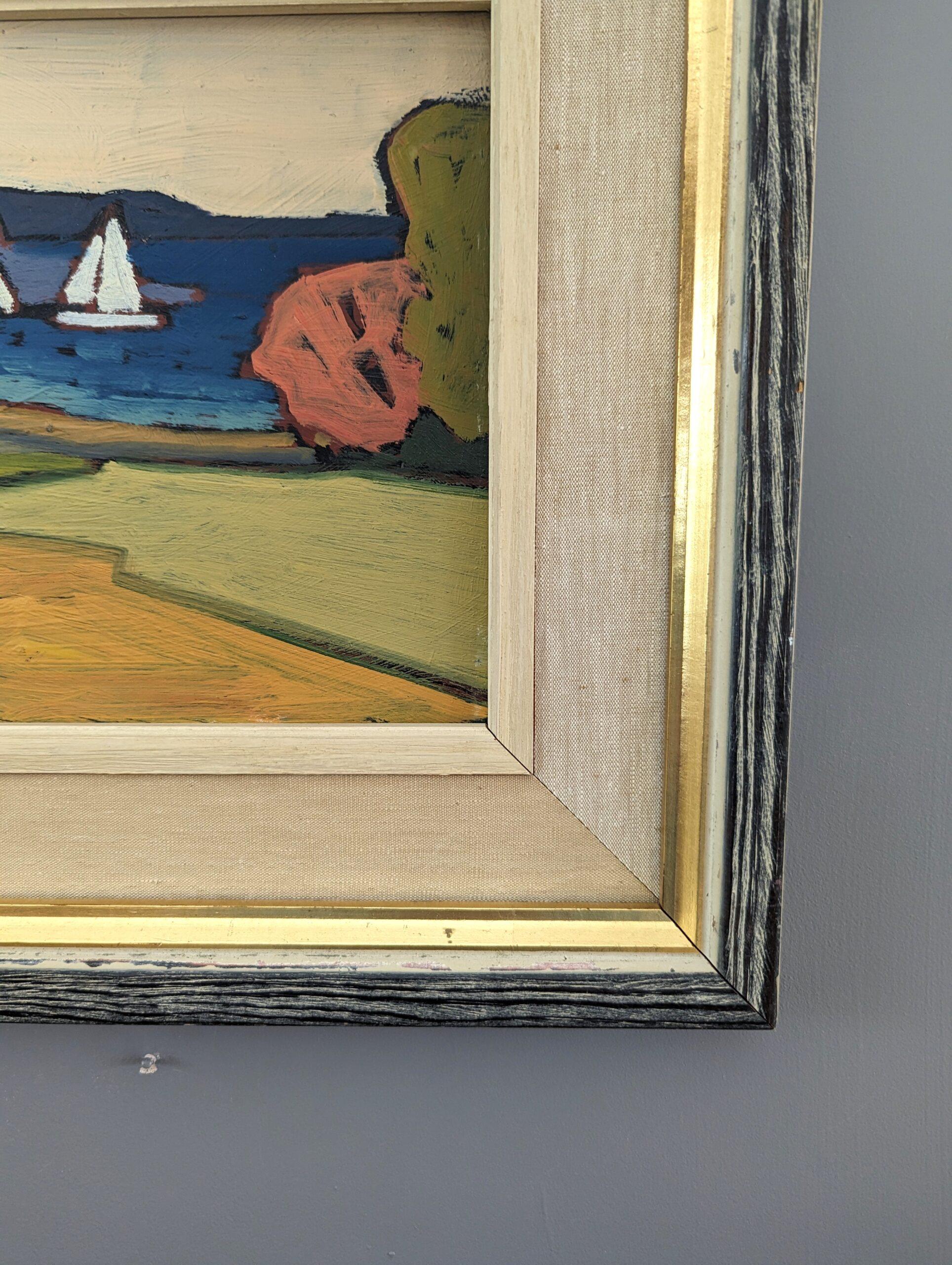 Pintura al óleo vintage de mediados de siglo sobre un paisaje costero sueco - Casa junto a la bahía 6