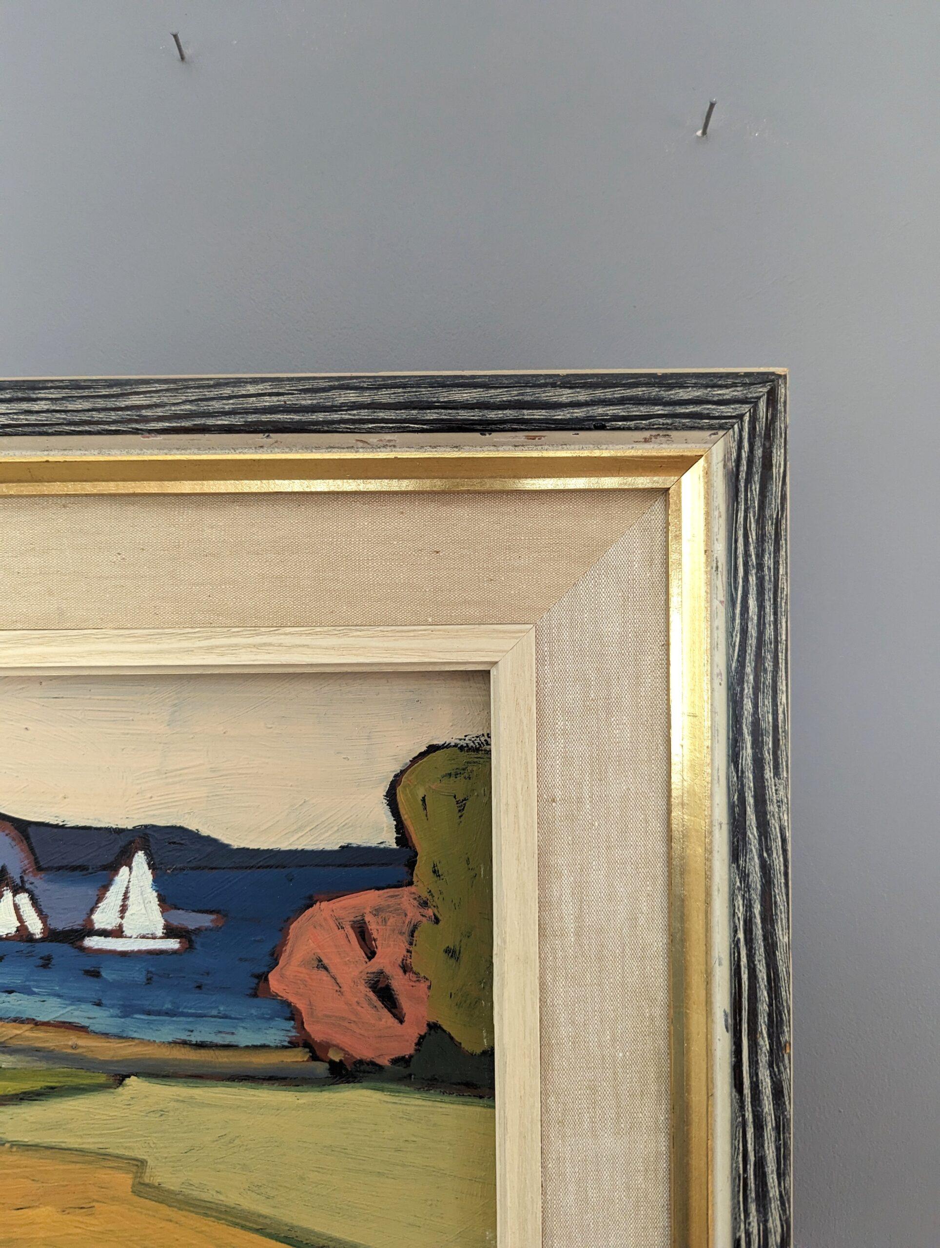 Pintura al óleo vintage de mediados de siglo sobre un paisaje costero sueco - Casa junto a la bahía 7
