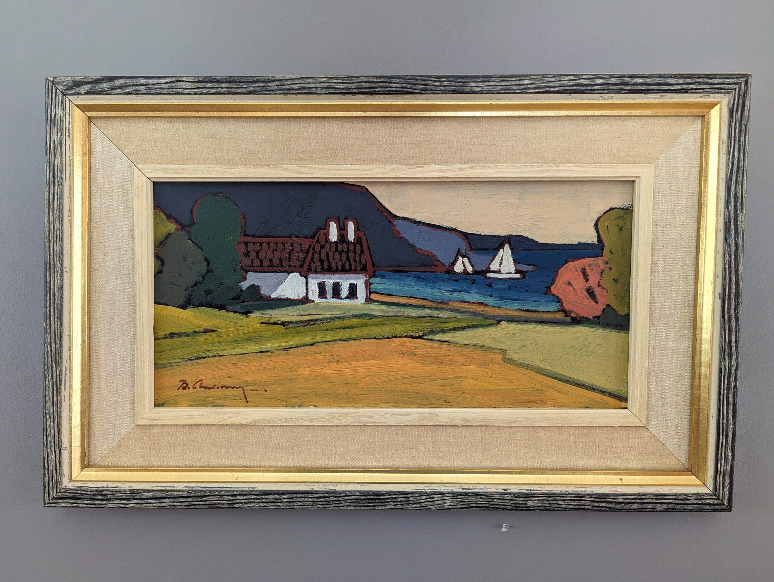 Pintura al óleo vintage de mediados de siglo sobre un paisaje costero sueco - Casa junto a la bahía - Painting de Unknown
