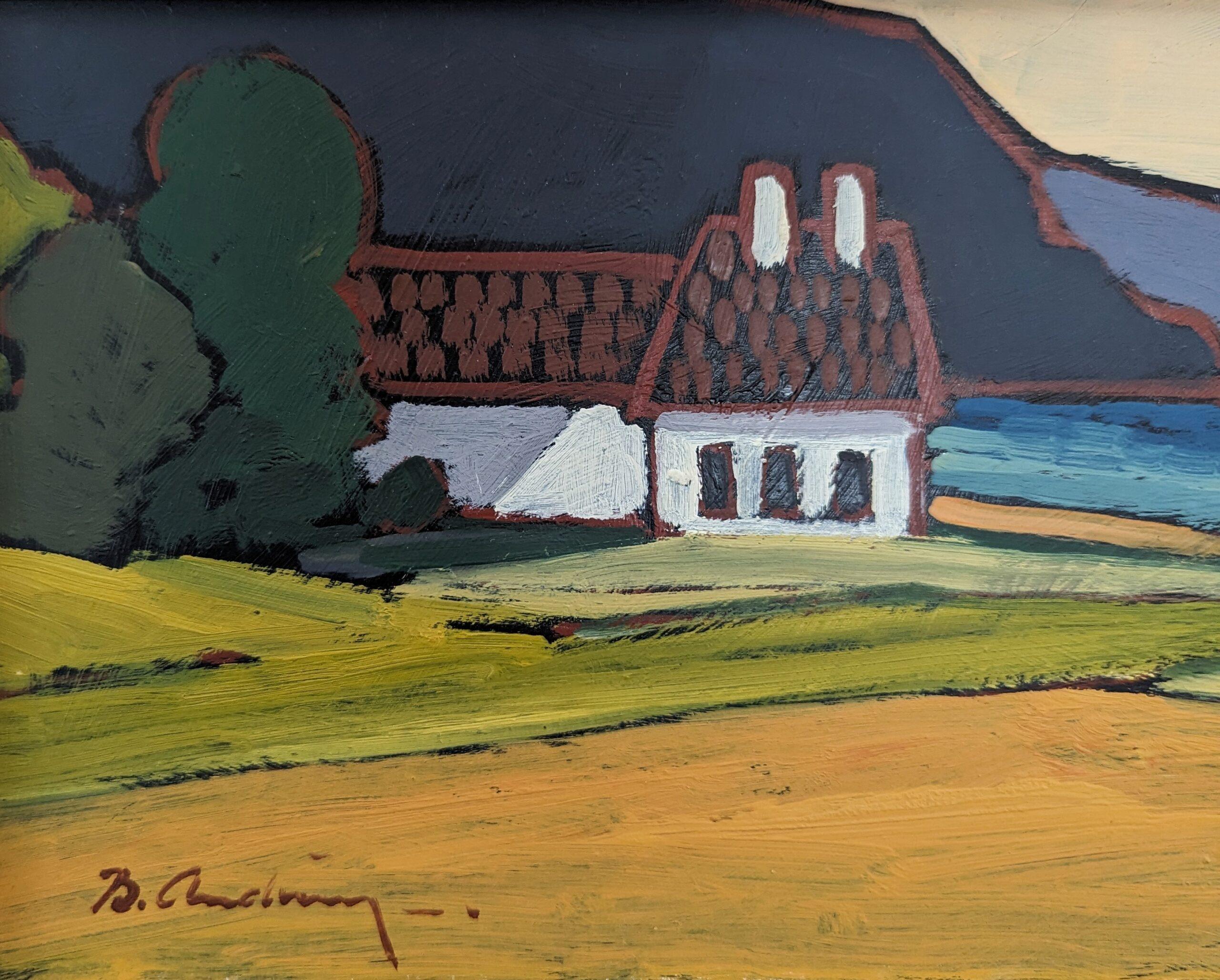Pintura al óleo vintage de mediados de siglo sobre un paisaje costero sueco - Casa junto a la bahía - Painting Moderno de Unknown