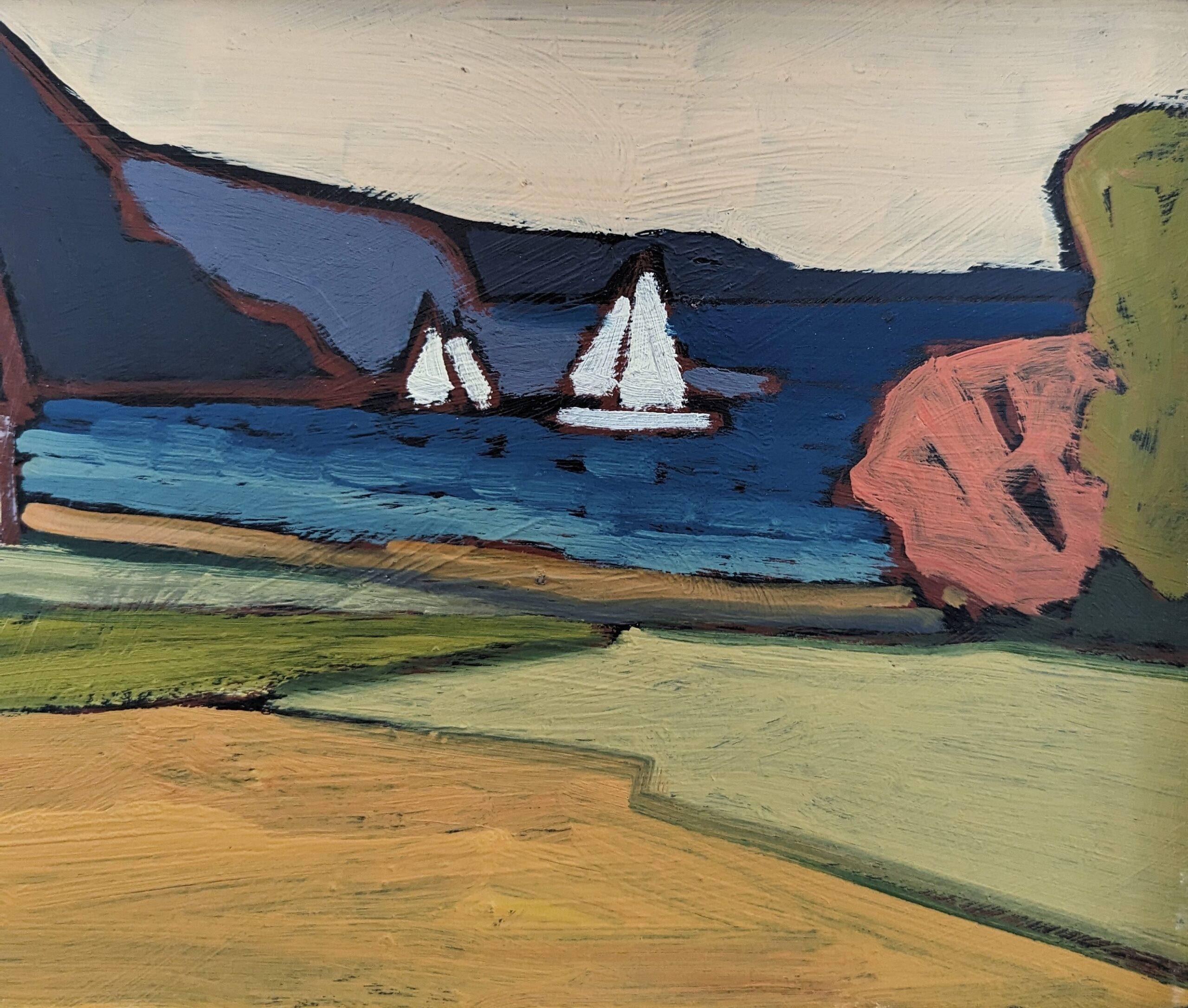 CASA JUNTO A LA BAHÍA
Tamaño: 34 x 53,5 cm (incluido el marco)
Óleo sobre tabla 

Pintoresca composición paisajística modernista de mediados de siglo, de vivos colores, realizada al óleo sobre tabla.

Utilizando una gama de colores llamativos, el