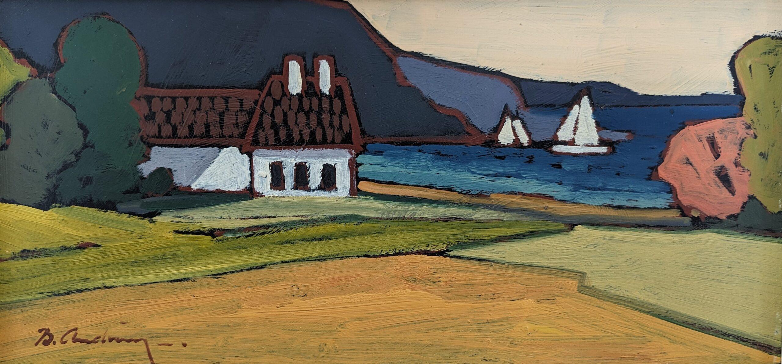 Pintura al óleo vintage de mediados de siglo sobre un paisaje costero sueco - Casa junto a la bahía 1