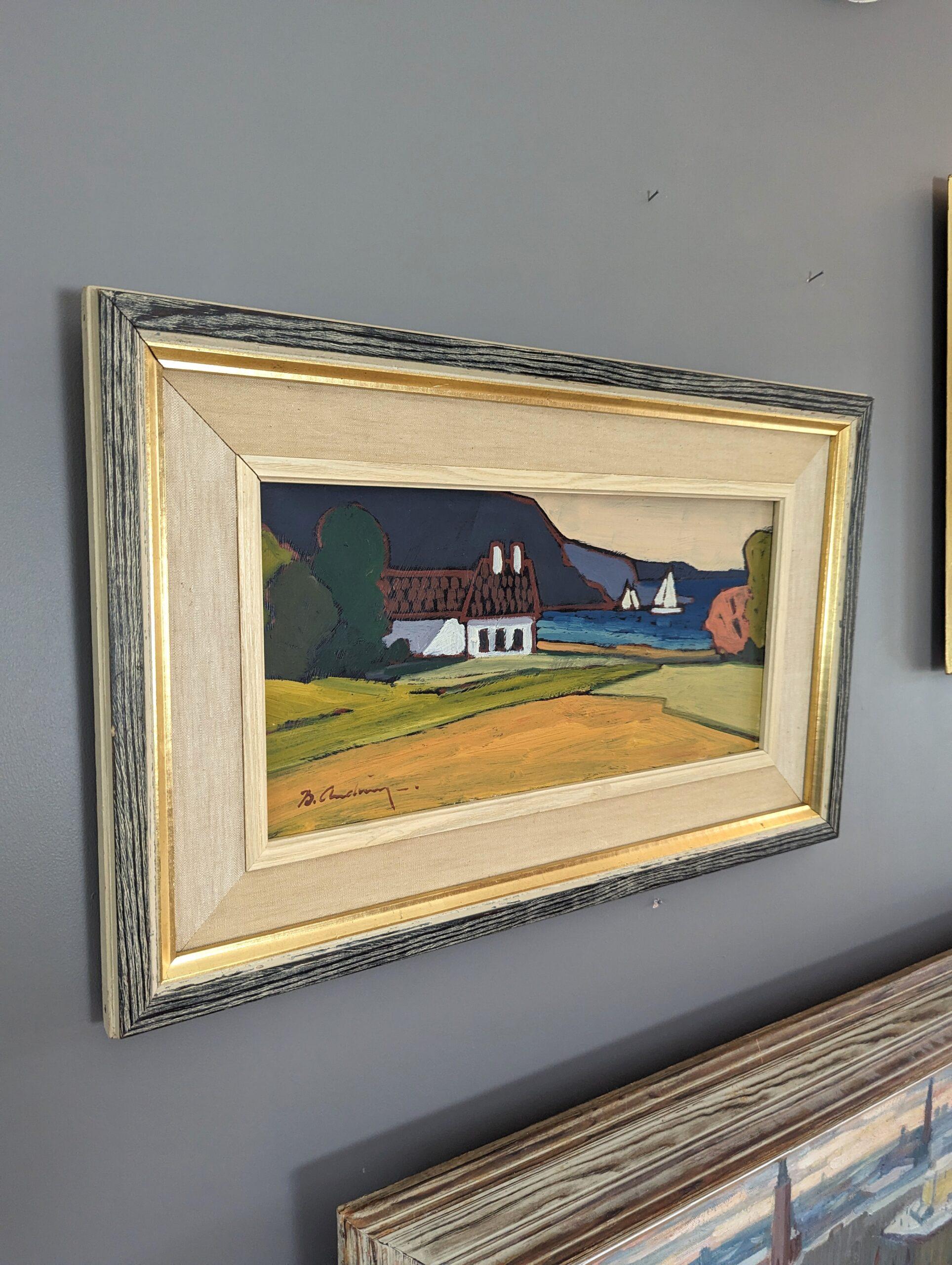 Pintura al óleo vintage de mediados de siglo sobre un paisaje costero sueco - Casa junto a la bahía 2
