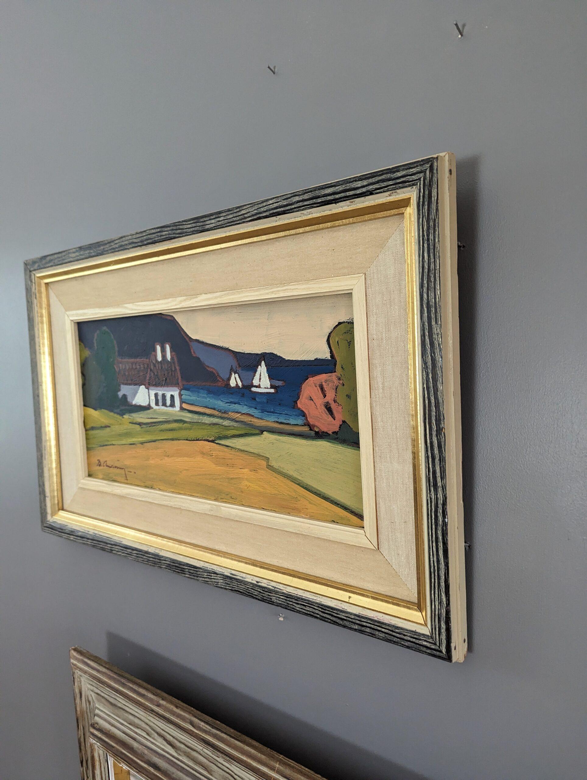 Pintura al óleo vintage de mediados de siglo sobre un paisaje costero sueco - Casa junto a la bahía 3