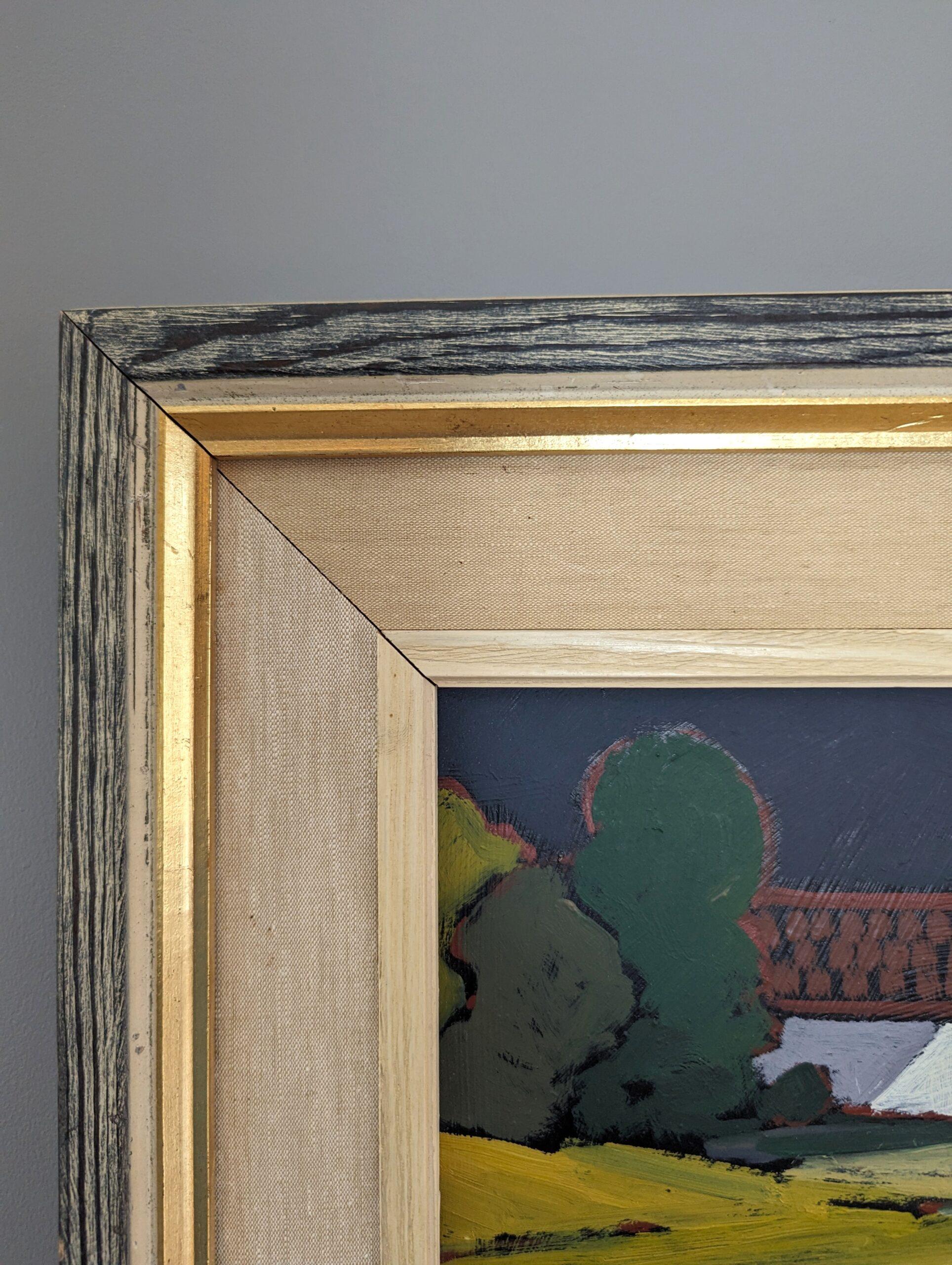 Pintura al óleo vintage de mediados de siglo sobre un paisaje costero sueco - Casa junto a la bahía 4