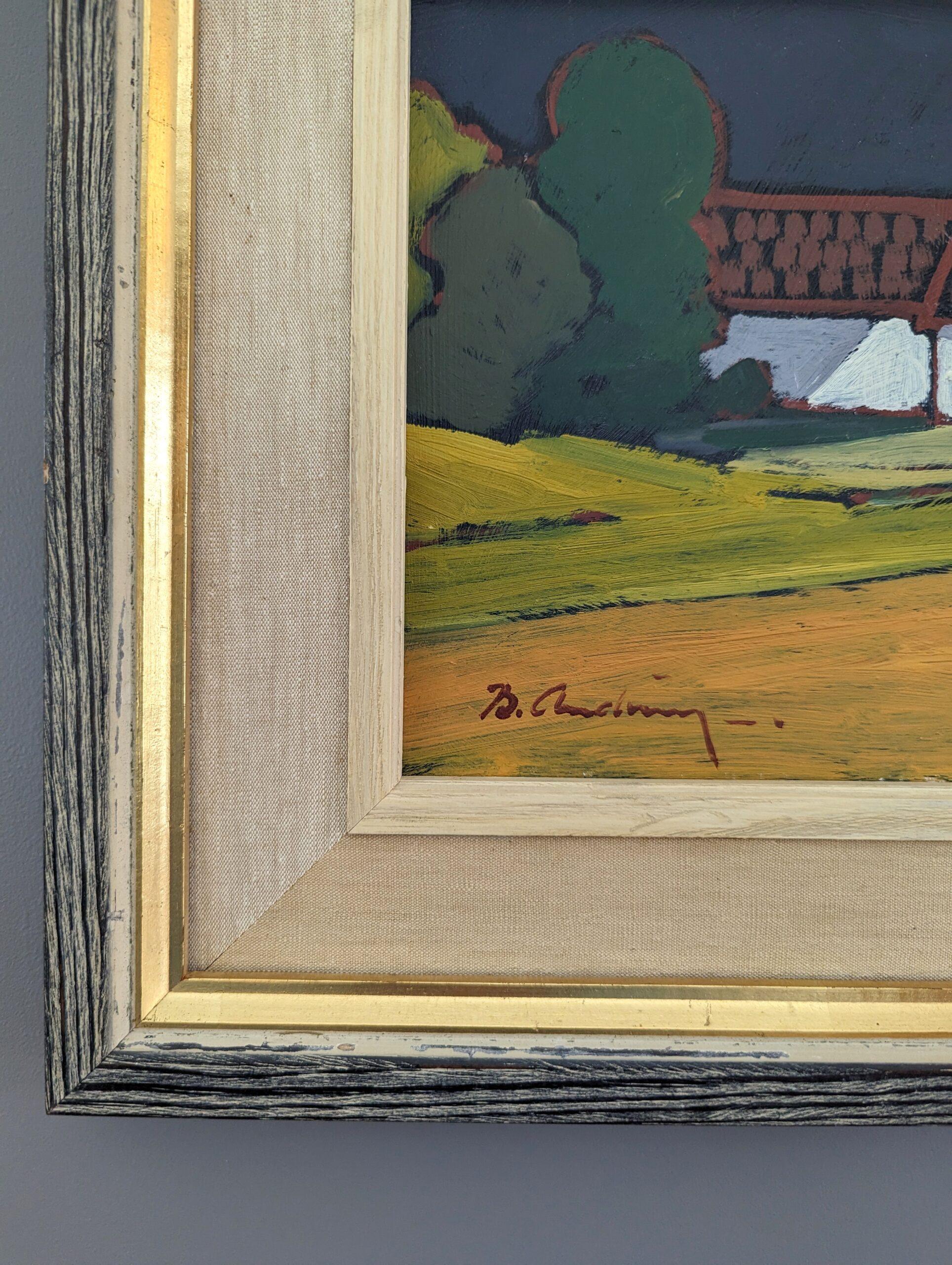 Pintura al óleo vintage de mediados de siglo sobre un paisaje costero sueco - Casa junto a la bahía 5