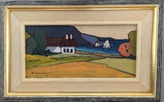 Vintage Mid-Century Swedish Coastal Landscape Oil Painting - House by the Bay