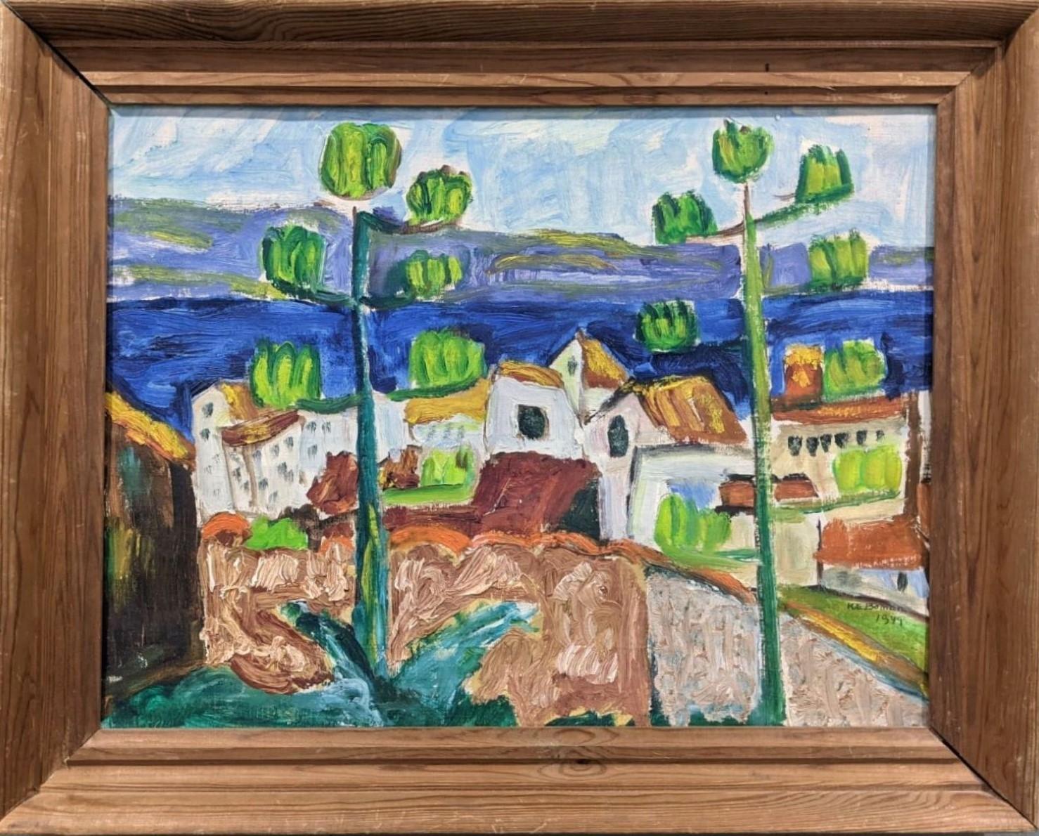 Unknown Landscape Painting - Vintage Mid-Century Swedish Coastal Oil Painting - Mediterranean Town, Framed
