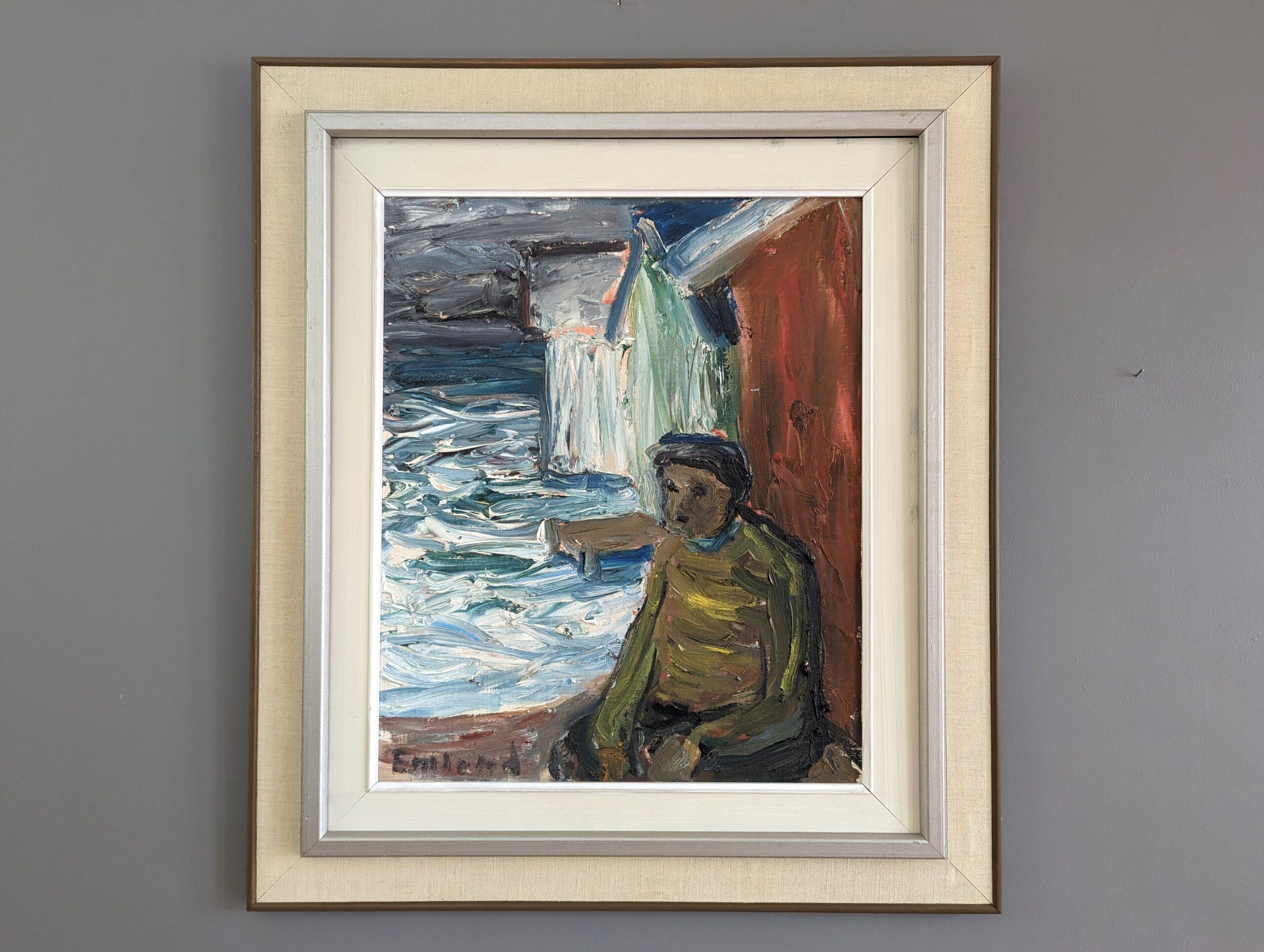 Vintage Mid-Century Swedish Coastal Seascape Oil Painting - Watching the Waves - Gray Landscape Painting by Unknown