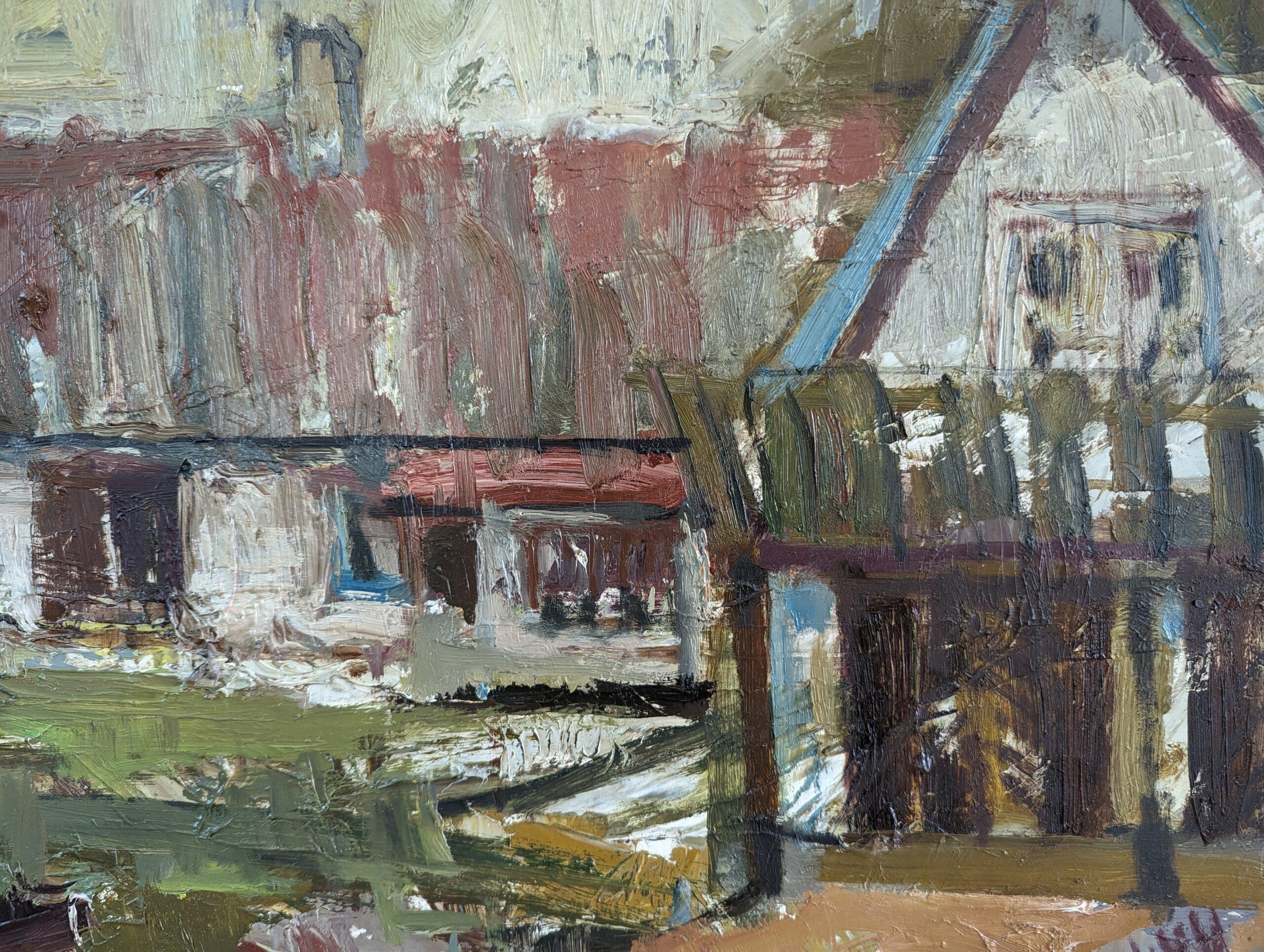 Vintage Mitte des Jahrhunderts schwedischen Expressionismus Landschaft Ölgemälde - At the Farm im Angebot 7