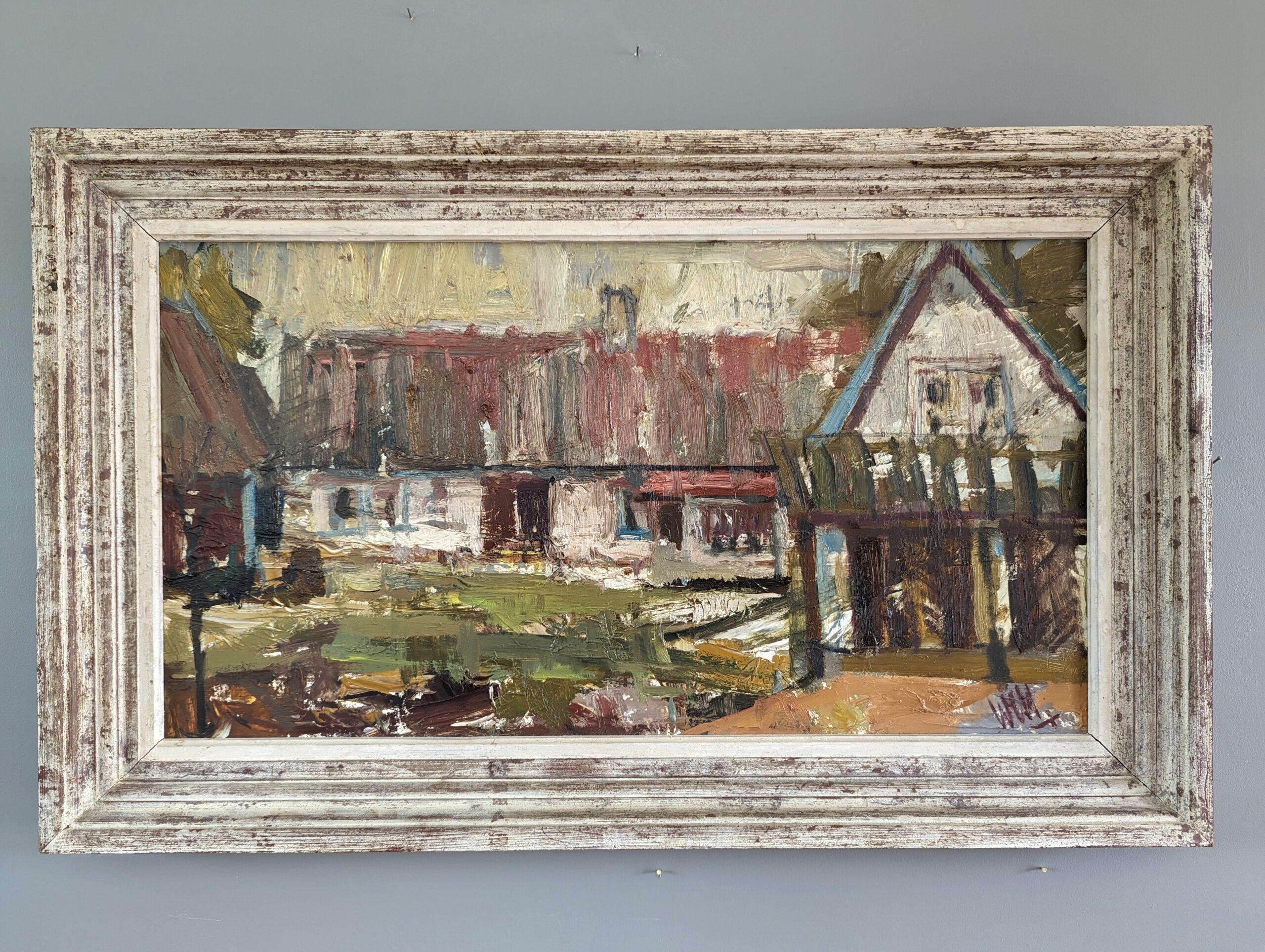 AT THE FARM
Oil on Board
Size: 47 x 76 cm  18.5 x 29.9 inches (including frame)

An excellent mid-century modernist landscape composition, painted in oil onto board.

This expressionist piece features broad, gestural sweeping brushstrokes in warm