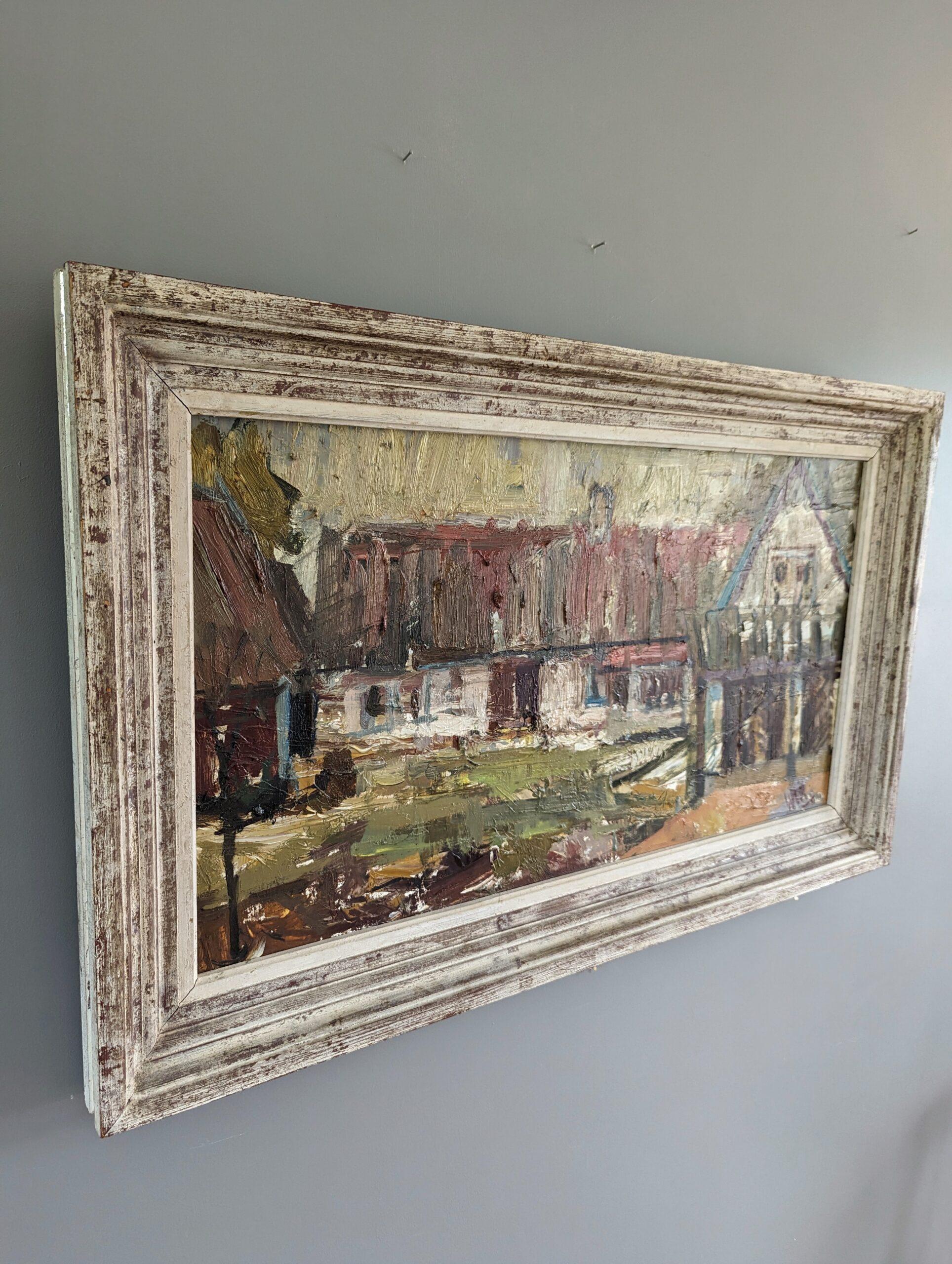 Vintage Mitte des Jahrhunderts schwedischen Expressionismus Landschaft Ölgemälde - At the Farm (Moderne), Painting, von Unknown