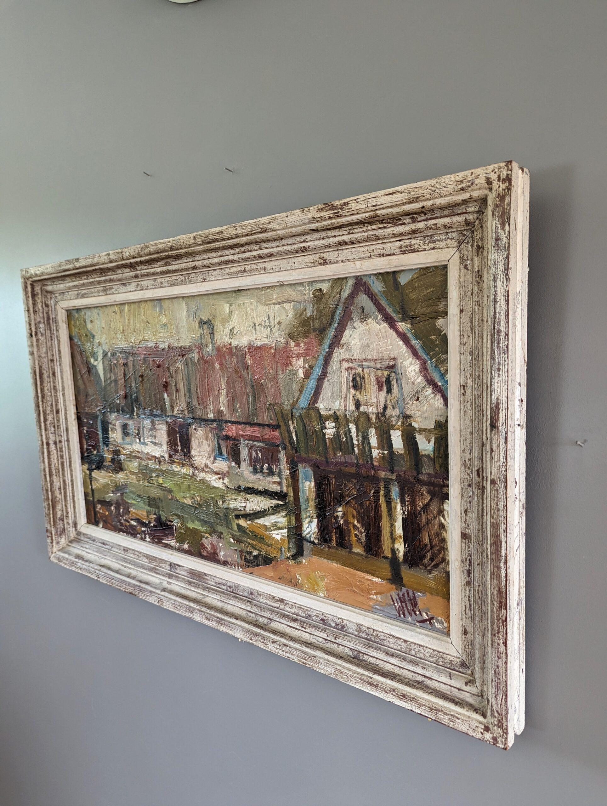 Vintage Mid-Century Swedish Expressionist Landscape Oil Painting - At the Farm For Sale 2