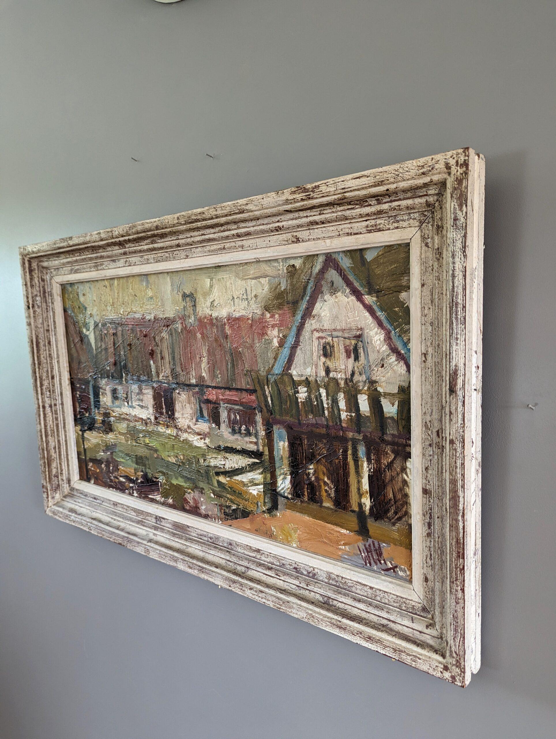 Vintage Mitte des Jahrhunderts schwedischen Expressionismus Landschaft Ölgemälde - At the Farm (Braun), Landscape Painting, von Unknown