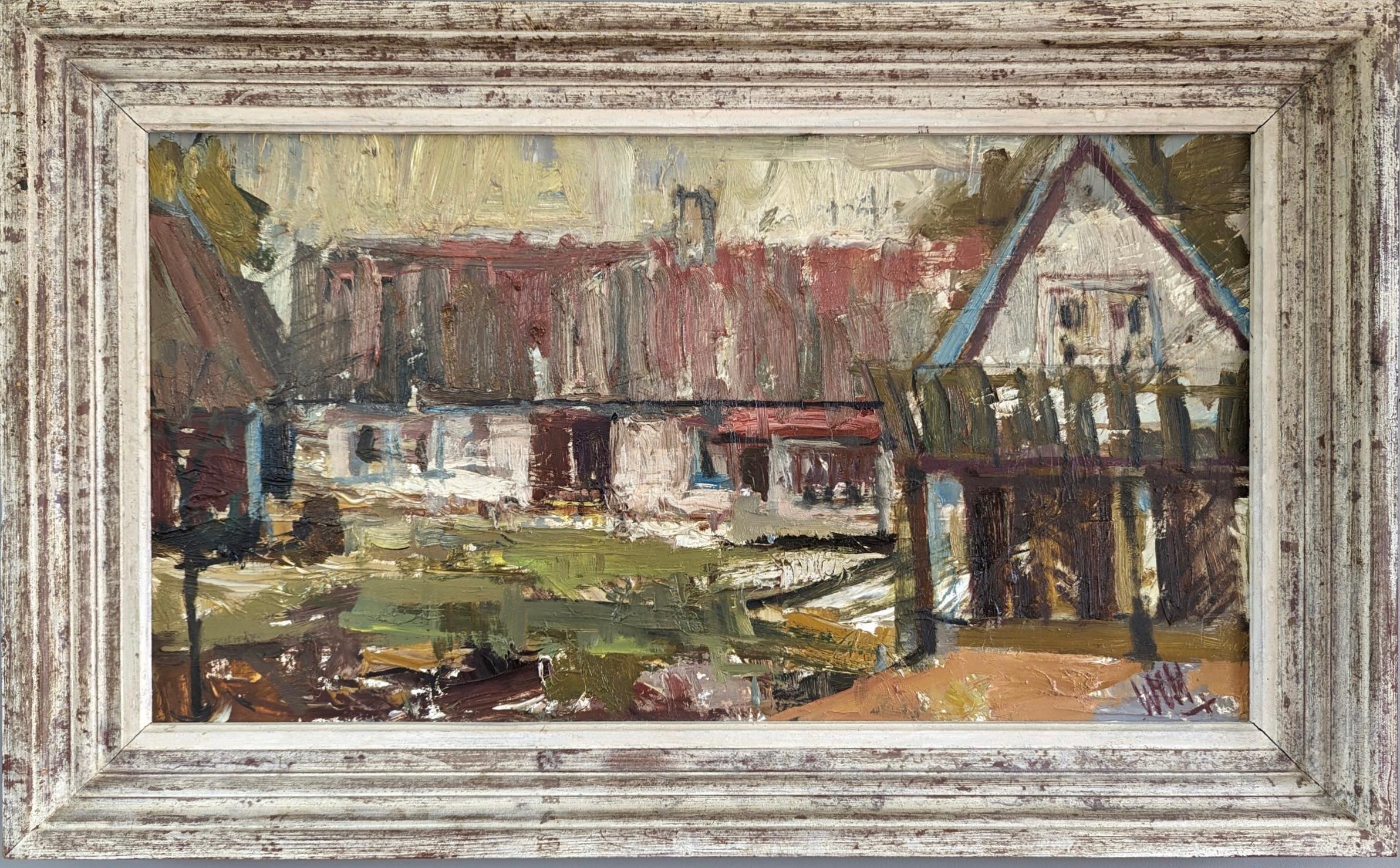 Unknown Landscape Painting - Vintage Mid-Century Swedish Expressionist Landscape Oil Painting - At the Farm