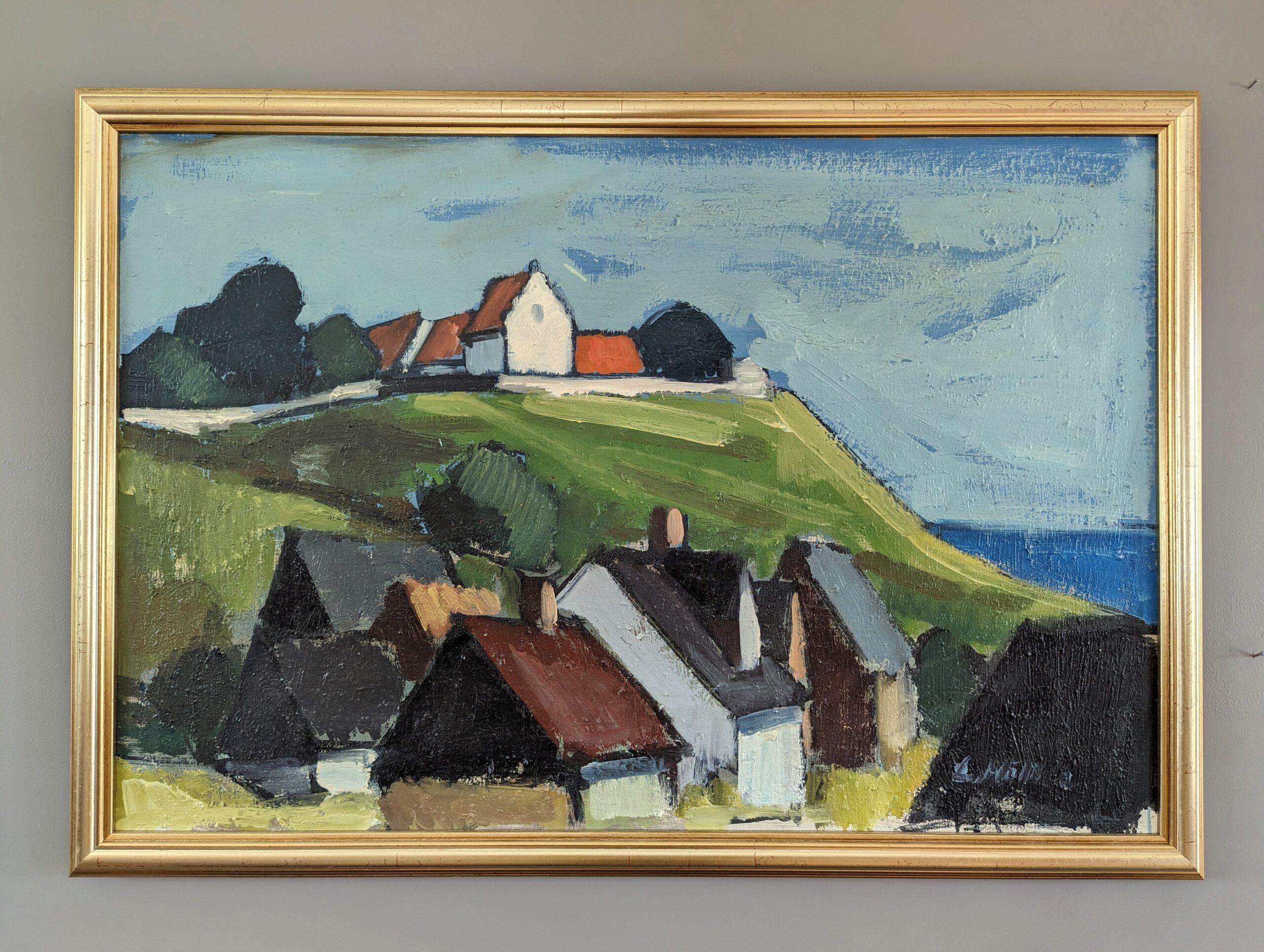 COASTAL LIVING
Size: 51 x 72.5 cm (including frame)
Oil on Canvas

A vibrant and inviting mid-century coastal landscape composition, executed in oil onto canvas.

The painting captures a scenic view of a lush hilltop adorned with charming houses and