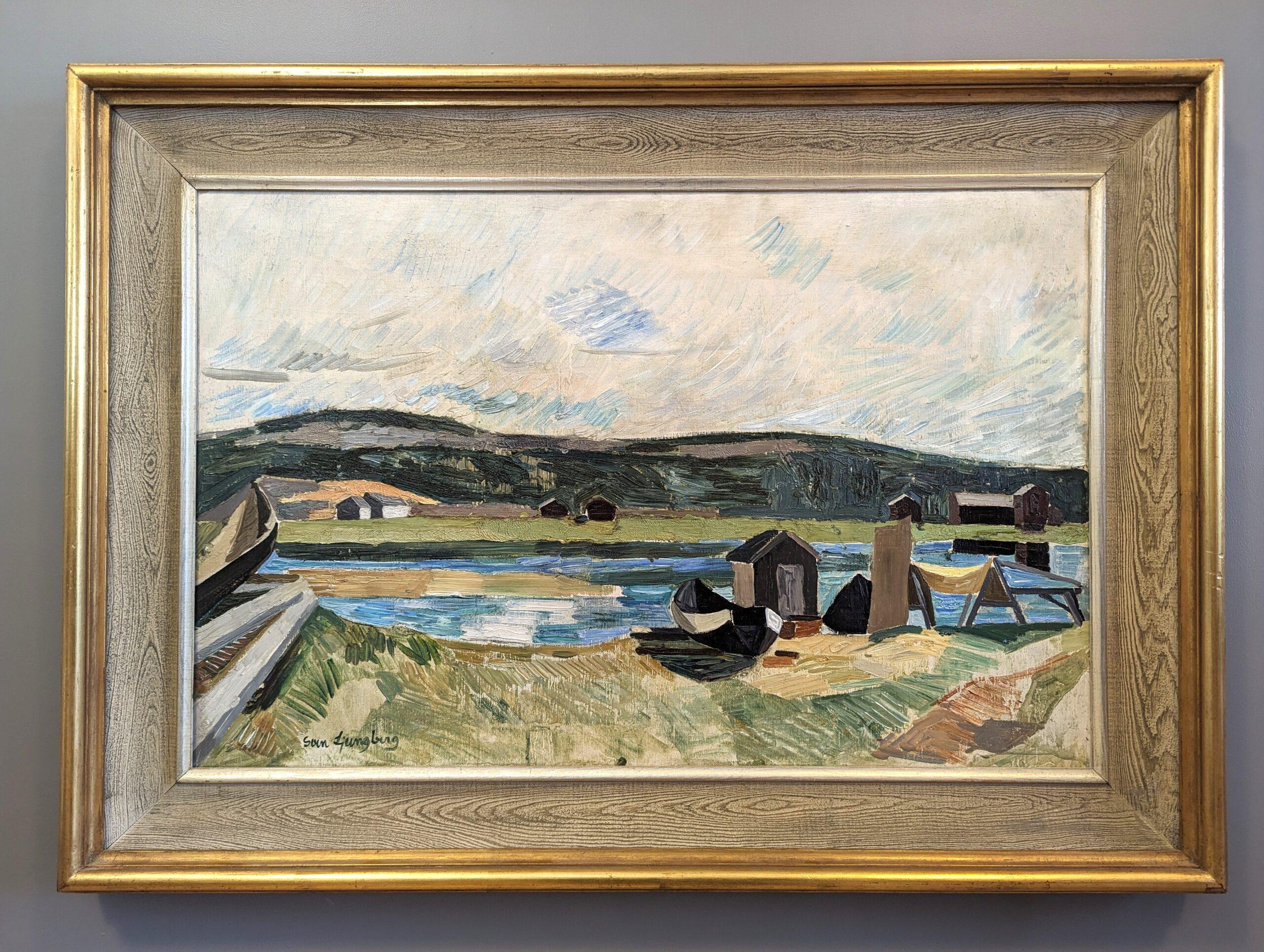 OBSERVE
Size: 59 x 82 cm (including frame)
Oil on Canvas

An outstanding and expressive mid-century modernist style landscape composition, executed in oil onto canvas.

In the middle ground, a tranquil lake stretches across the canvas, with a view