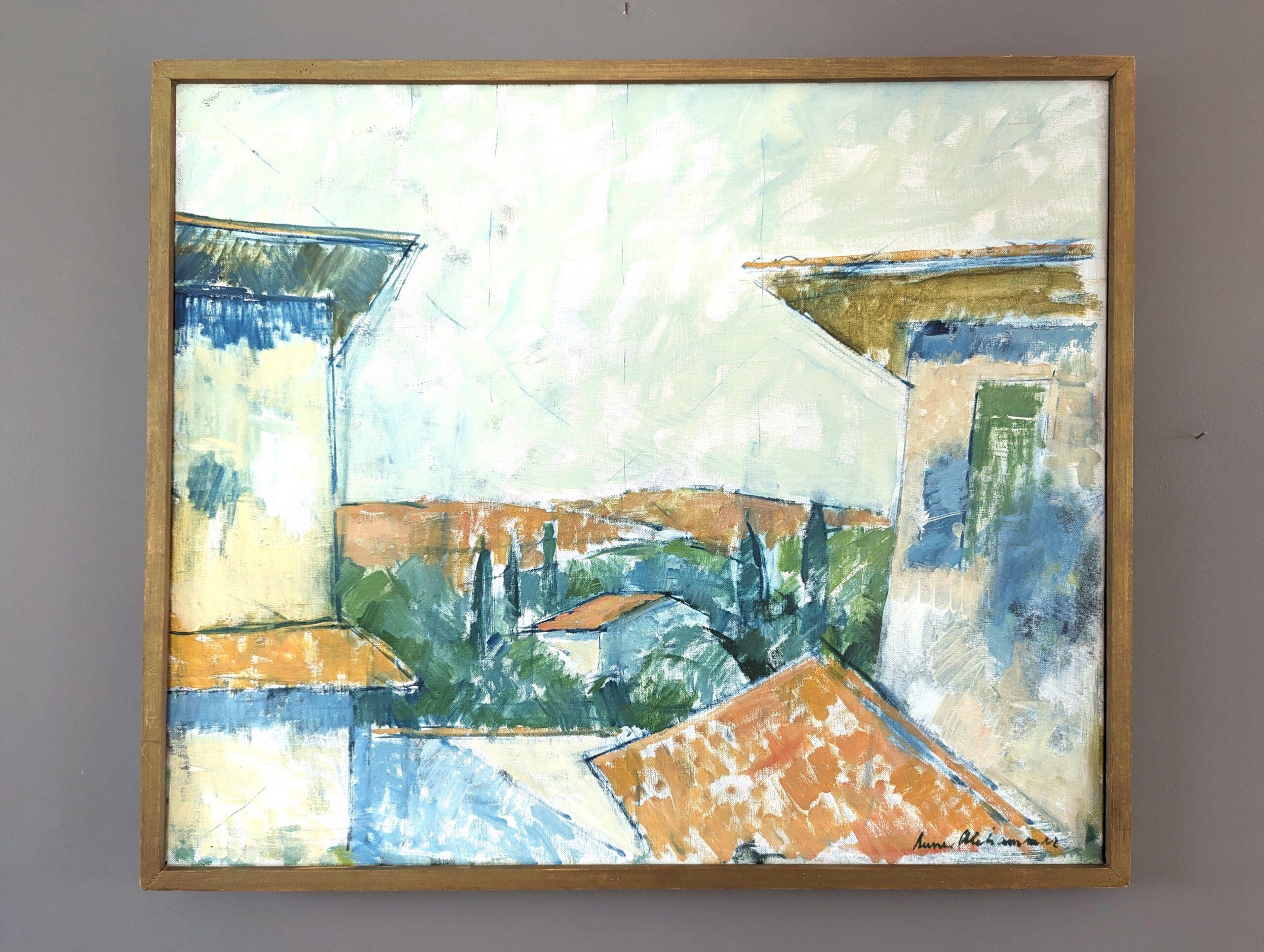 Vintage Mid-Century Swedish Expressive Landscape Oil Painting - Rustic Houses - Gray Landscape Painting by Unknown
