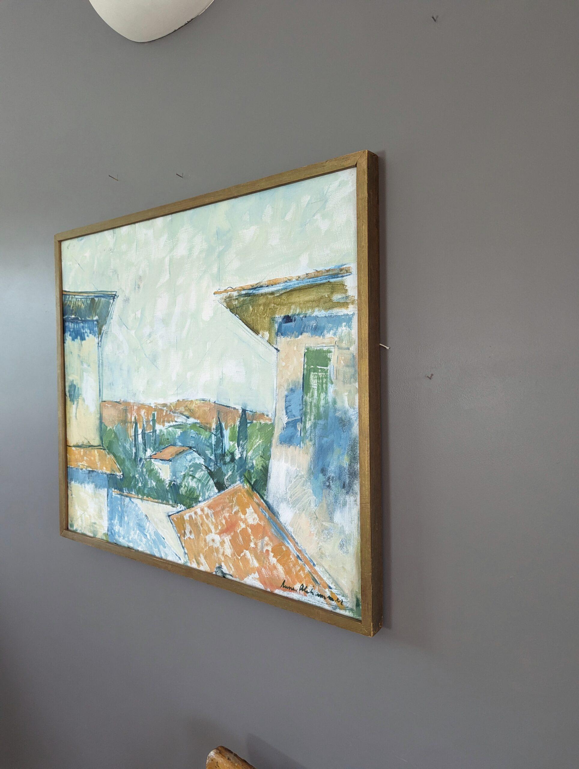 RUSTIC HOUSES
Size: 57 x 67 cm (including frame)
Oil on Canvas

A wonderfully executed mid-century modernist style landscape composition, painted in oil onto canvas.

The composition offers a panoramic view of rustic houses nestled among lush