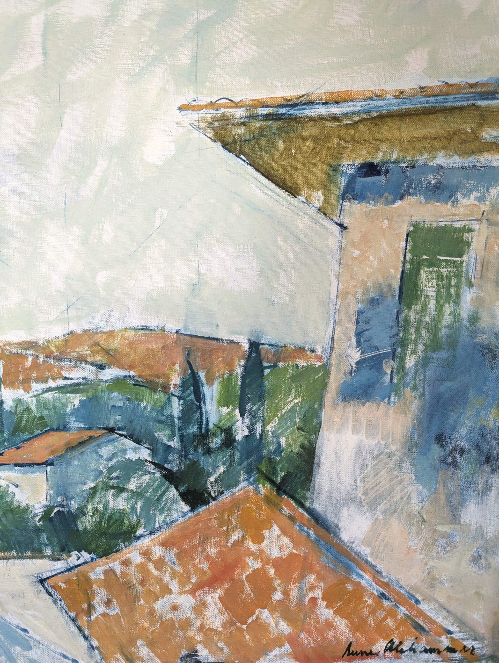Vintage Mid-Century Swedish Expressive Landscape Oil Painting - Rustic Houses For Sale 6