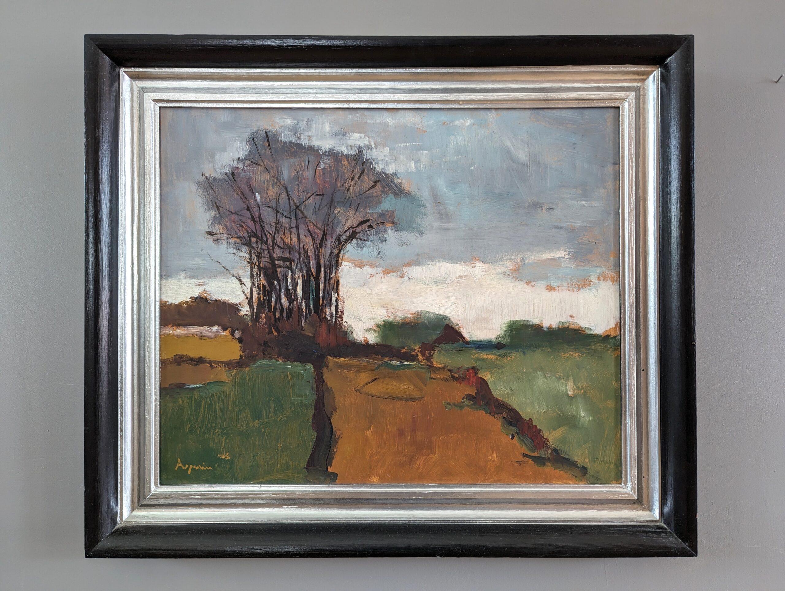 THE GROVE
Oil on Board
Size: 48 x 56 cm  18.9 x 22 inches (including frame)

A very well-executed mid-century modernist landscape composition, painted in oil onto board.

This atmospheric landscape scene depicts a wide terracotta-coloured path in