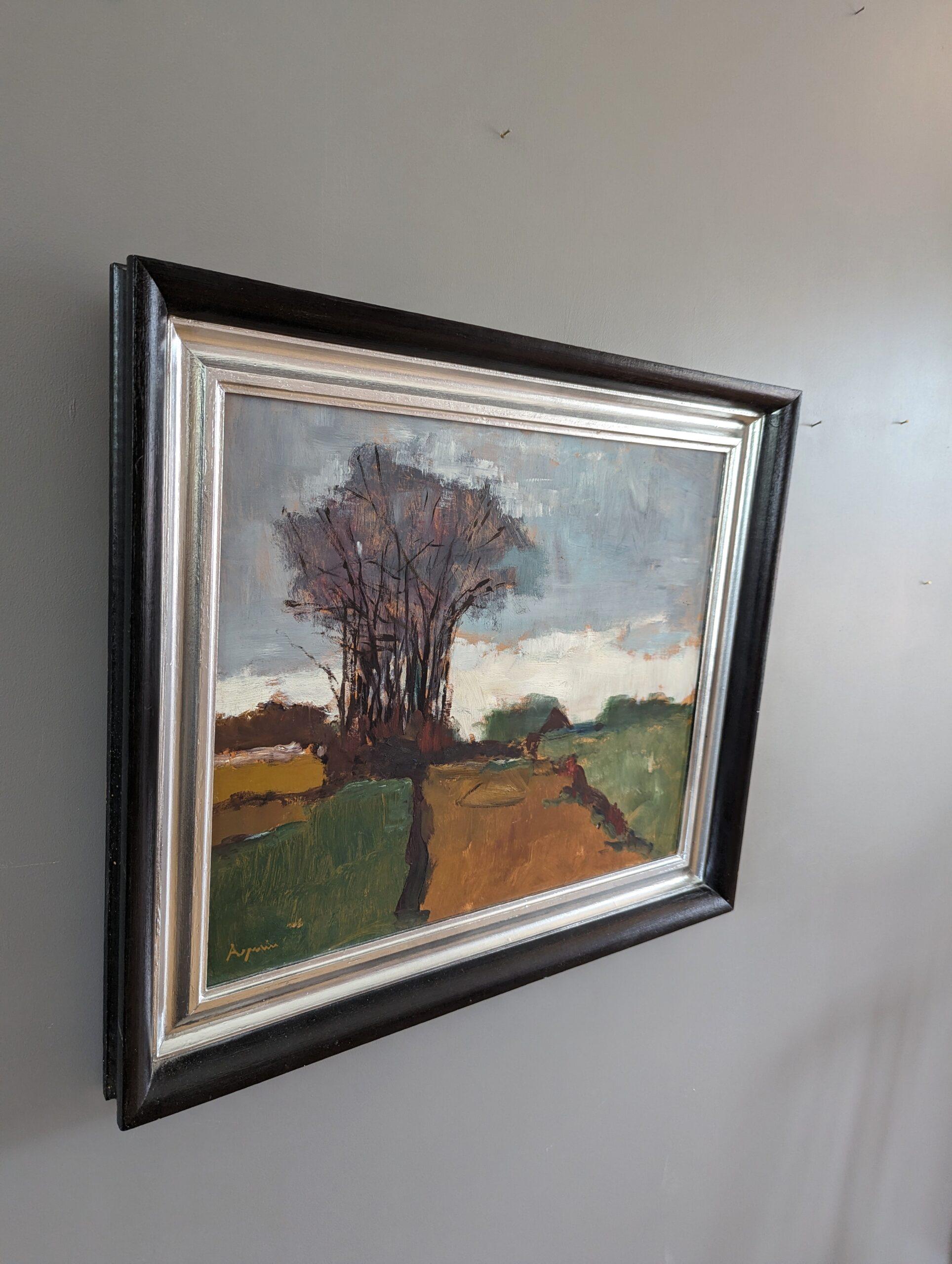 Pintura al óleo sueca vintage de mediados de siglo sobre un paisaje expresivo - The Grove - Painting Moderno de Unknown