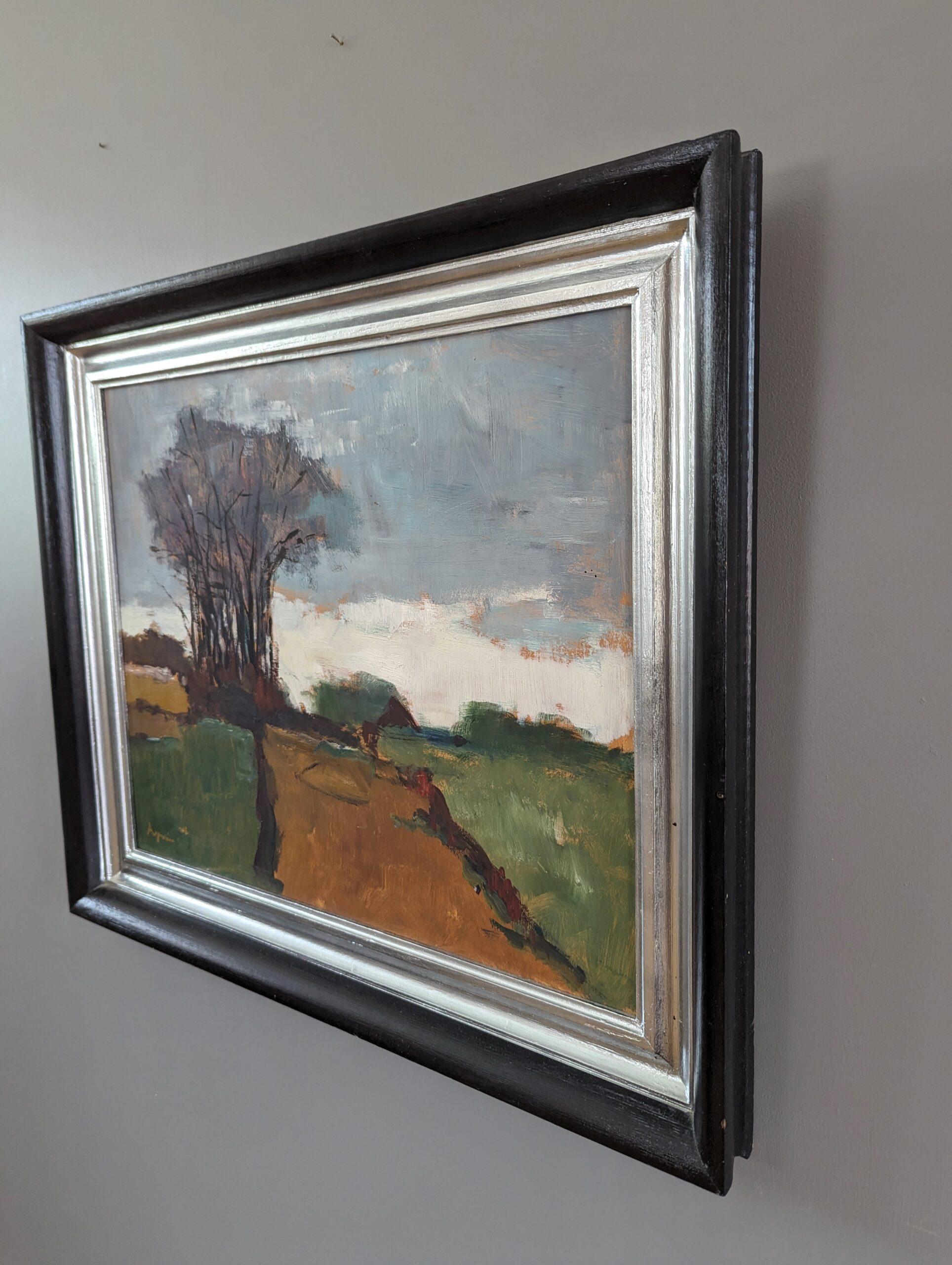 Pintura al óleo sueca vintage de mediados de siglo sobre un paisaje expresivo - The Grove - Landscape Painting Gris de Unknown