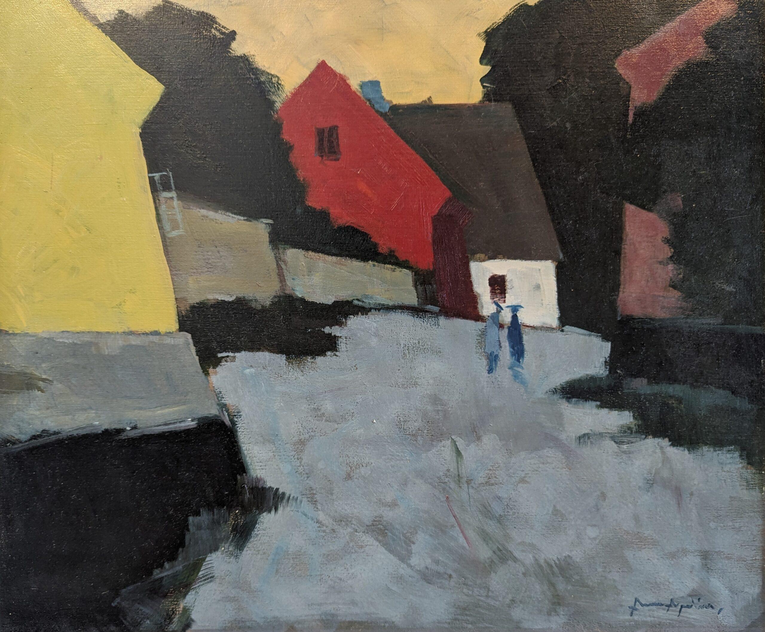 Pittura ad olio su paesaggio espressivo svedese della metà del secolo scorso - Passeggiata al crepuscolo 6