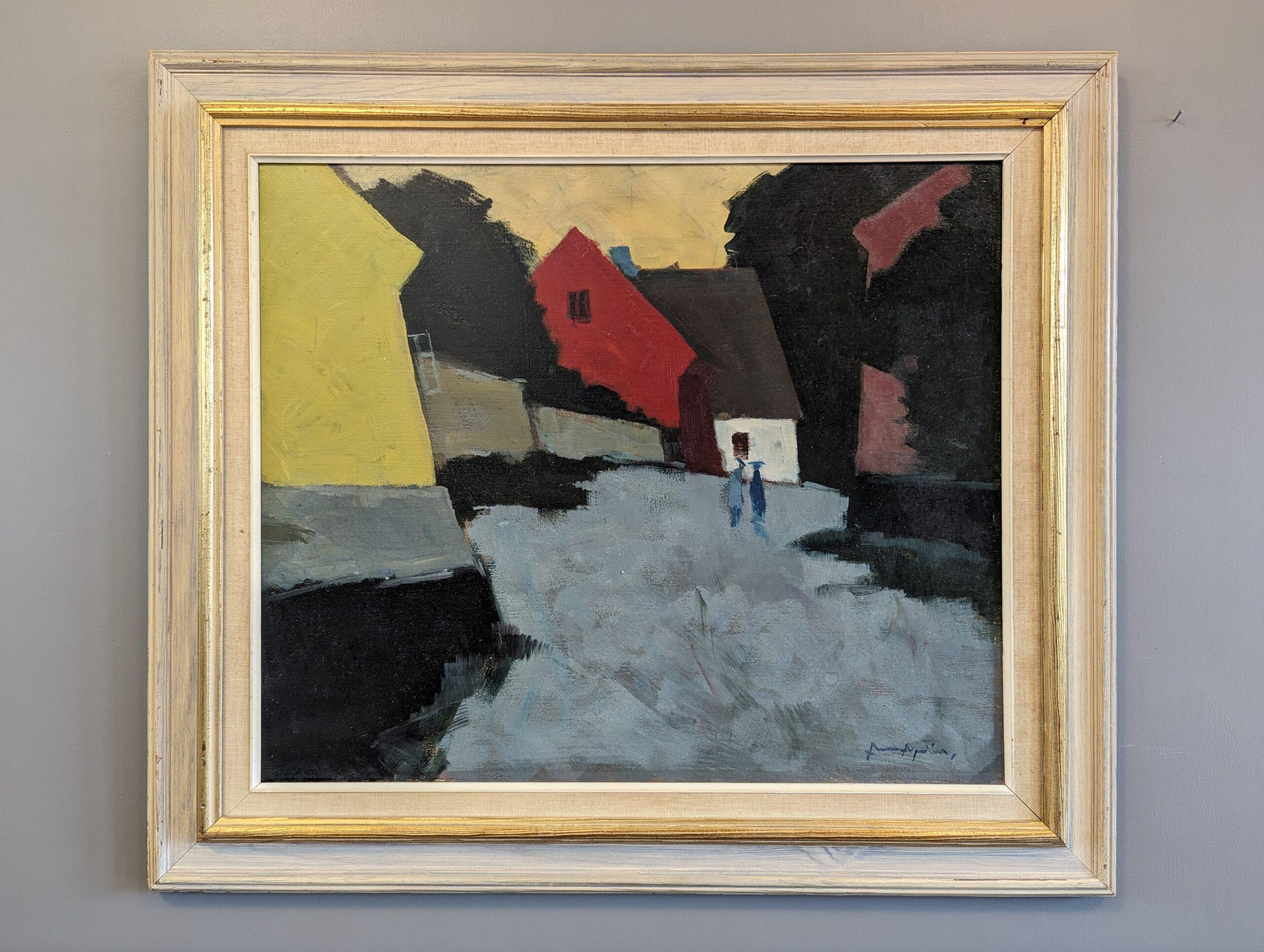Pittura ad olio su paesaggio espressivo svedese della metà del secolo scorso - Passeggiata al crepuscolo - Painting di Unknown