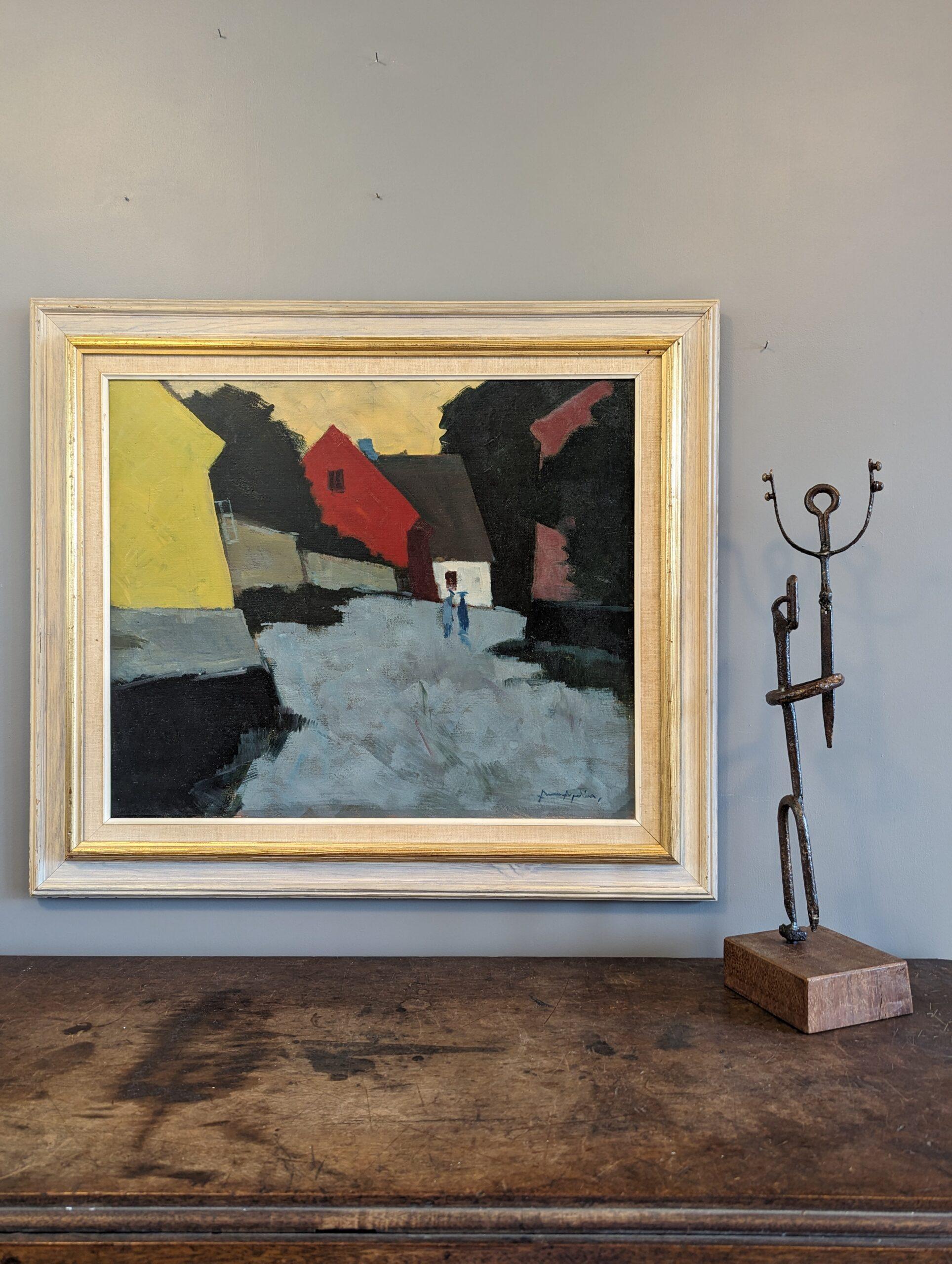 Pittura ad olio su paesaggio espressivo svedese della metà del secolo scorso - Passeggiata al crepuscolo - Painting Moderno di Unknown