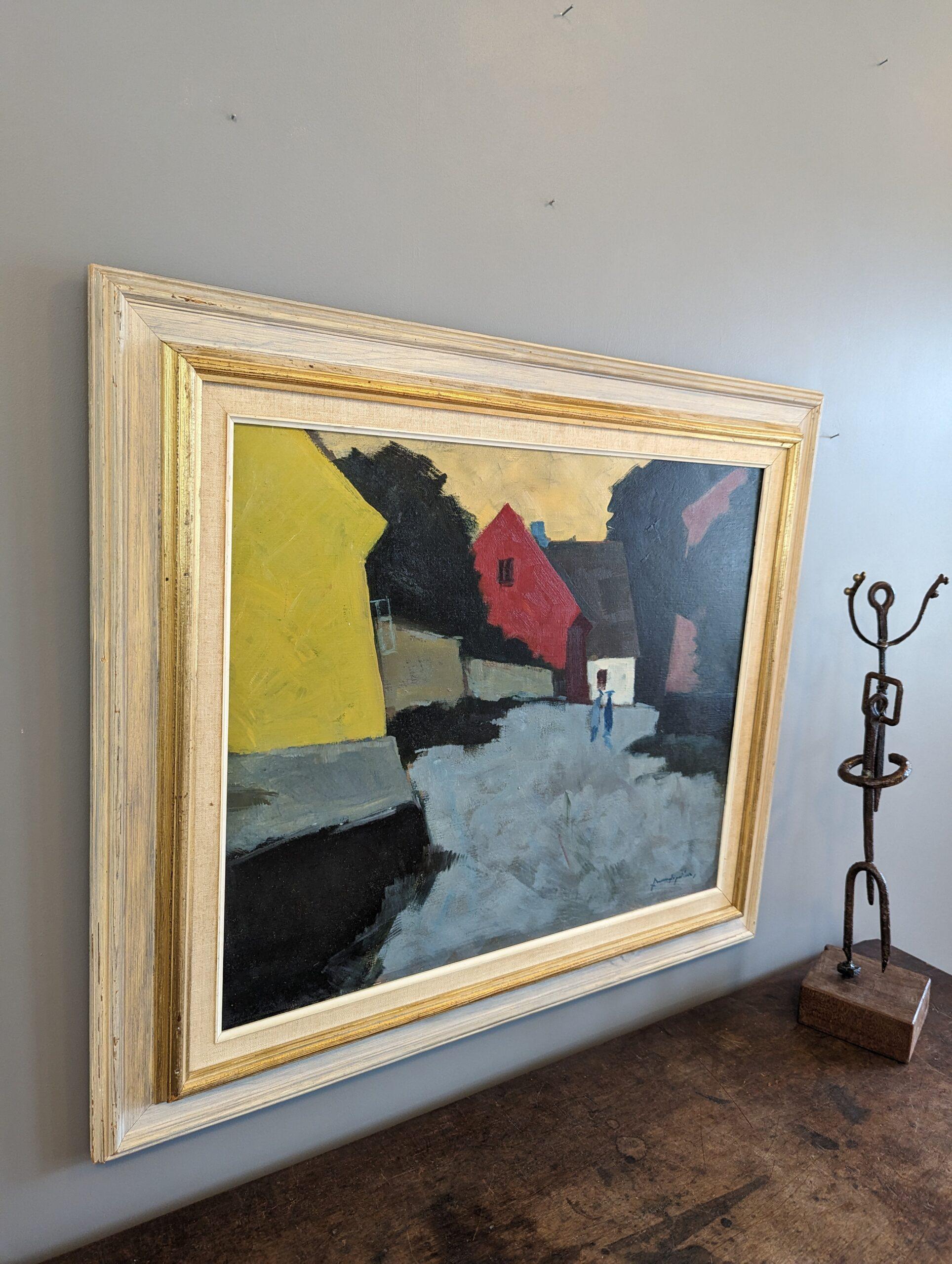 PASSEGGIATA AL CREPUSCOLO
Dimensioni: 62,5 x 71,5 cm (cornice inclusa)
Olio su tavola

Un dipinto di metà secolo meravigliosamente eseguito che cattura l'essenza lunatica e atmosferica di un quartiere suburbano al tramonto.

La composizione si