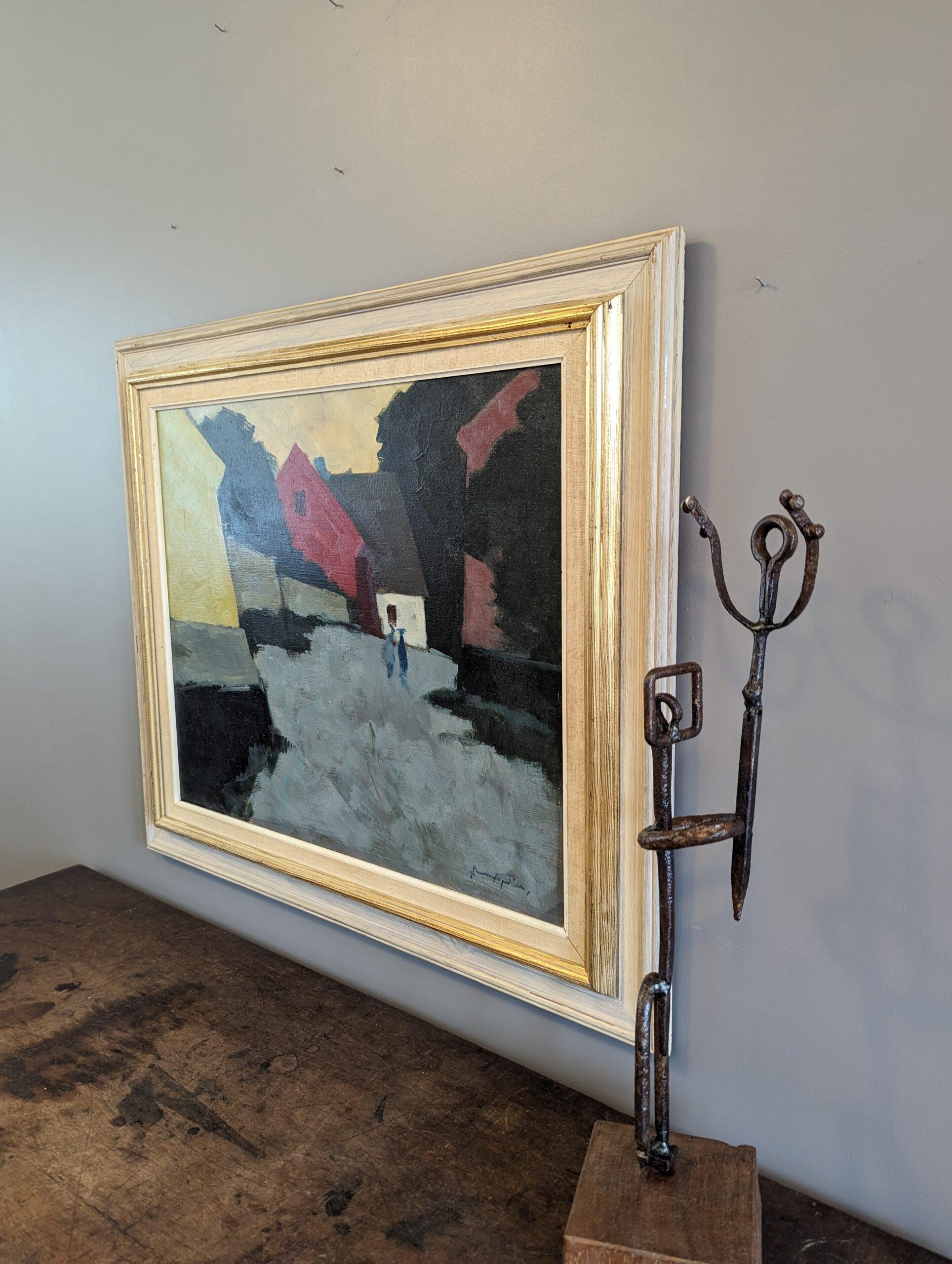 Pittura ad olio su paesaggio espressivo svedese della metà del secolo scorso - Passeggiata al crepuscolo 1