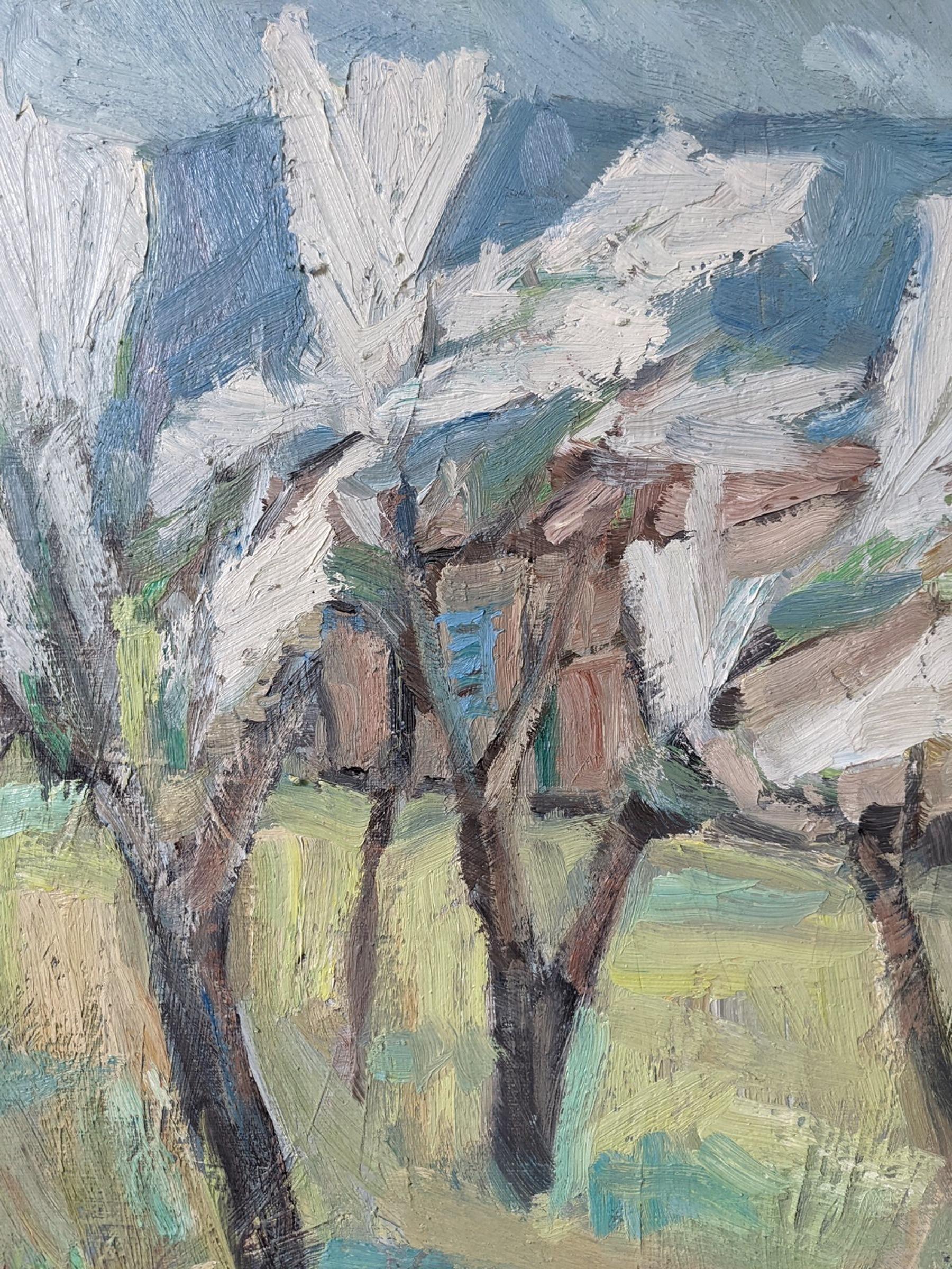 Vintage Mid-Century Swedish Expressive Landscape Oil Painting - White Trees 7