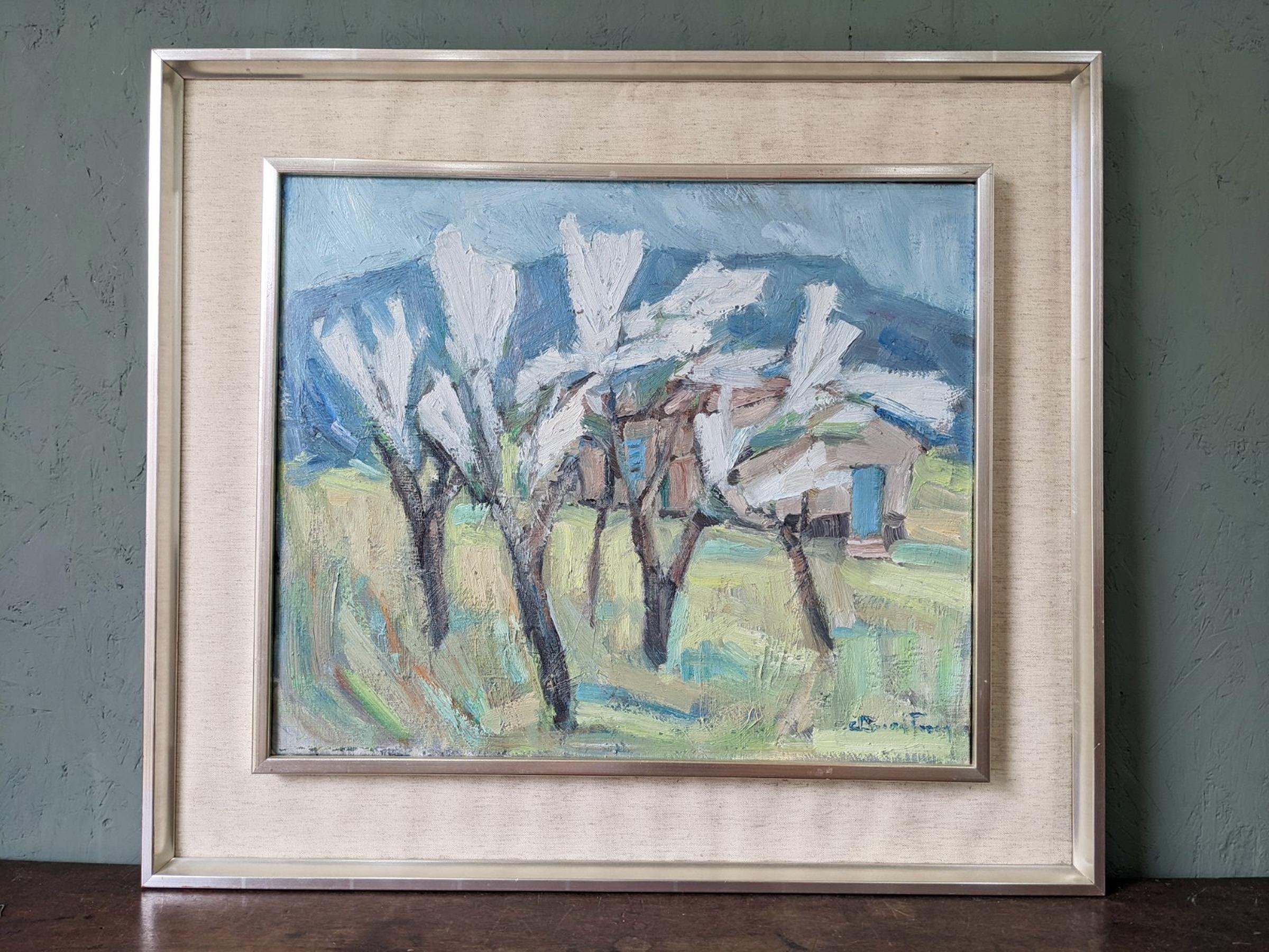 Vintage Mid-Century Swedish Expressive Landscape Oil Painting - White Trees - Gray Landscape Painting by Unknown