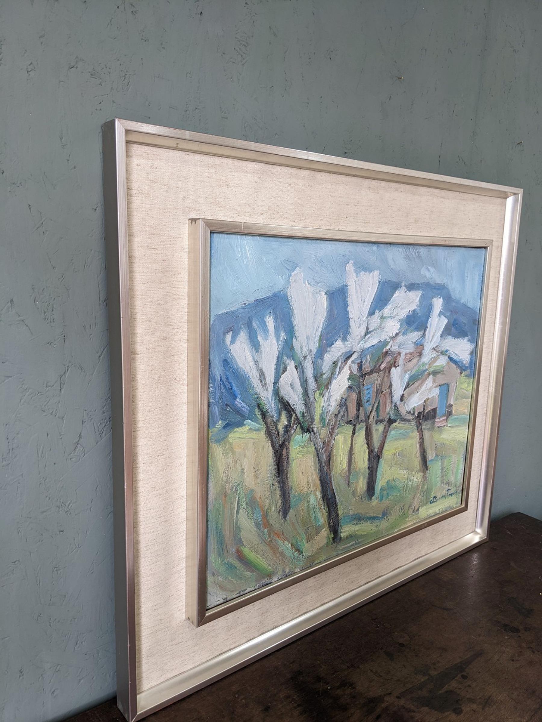 WHITE TREES
Size: 66 x 75 cm (including frame)
Oil on canvas

An expressive and atmospheric mid-century modernist landscape composition, executed in oil onto canvas.

The foreground of the painting presents a group of tall and slender white trees.