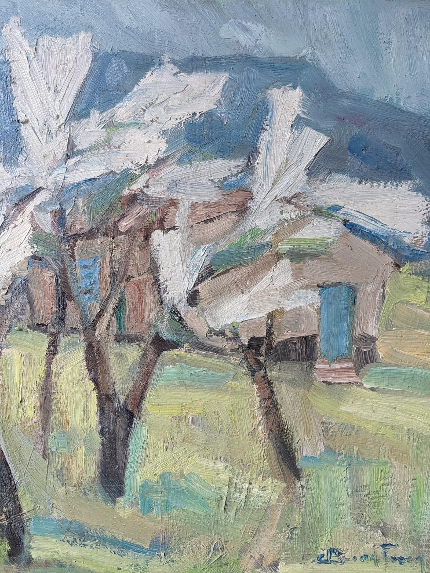 Vintage Mid-Century Swedish Expressive Landscape Oil Painting - White Trees 5