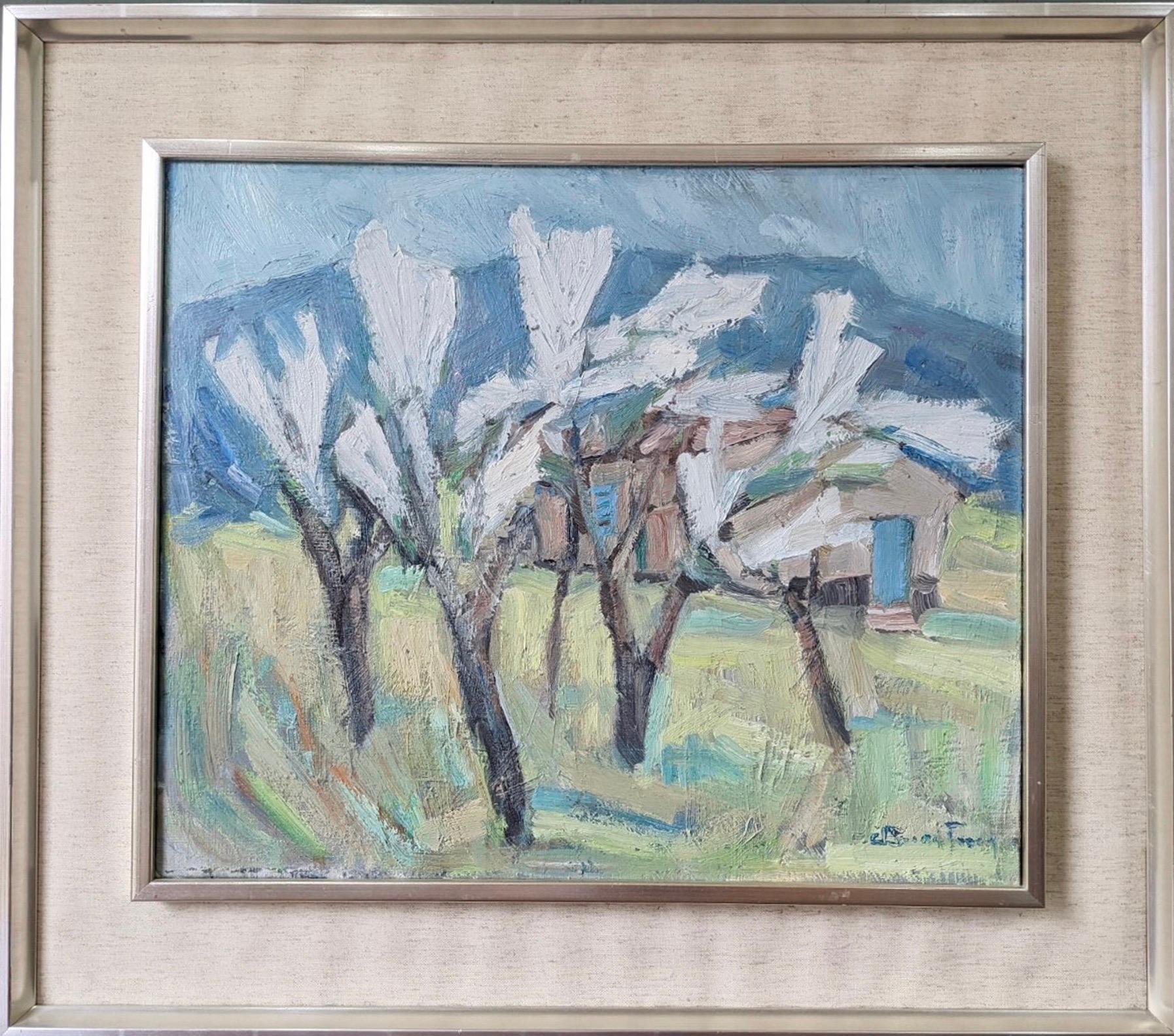 Unknown Landscape Painting - Vintage Mid-Century Swedish Expressive Landscape Oil Painting - White Trees