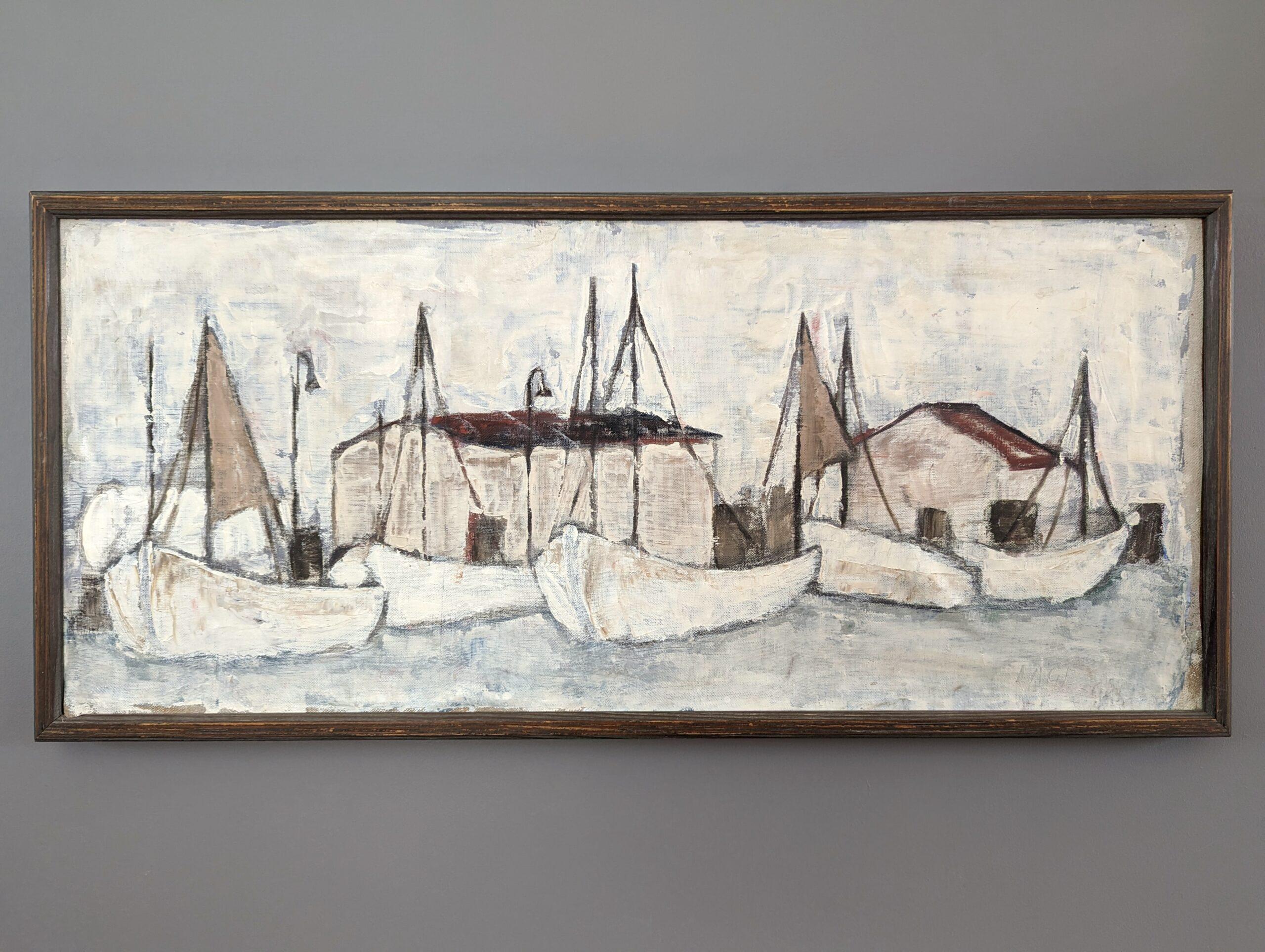 FISHING PORT
Size: 32 x 70 cm (including frame)
Oil on Board 

A serene mid-century seascape composition, executed in oil onto canvas that has been laid to board.

Simple yet effective in its composition, the artist skilfully captures some fishing