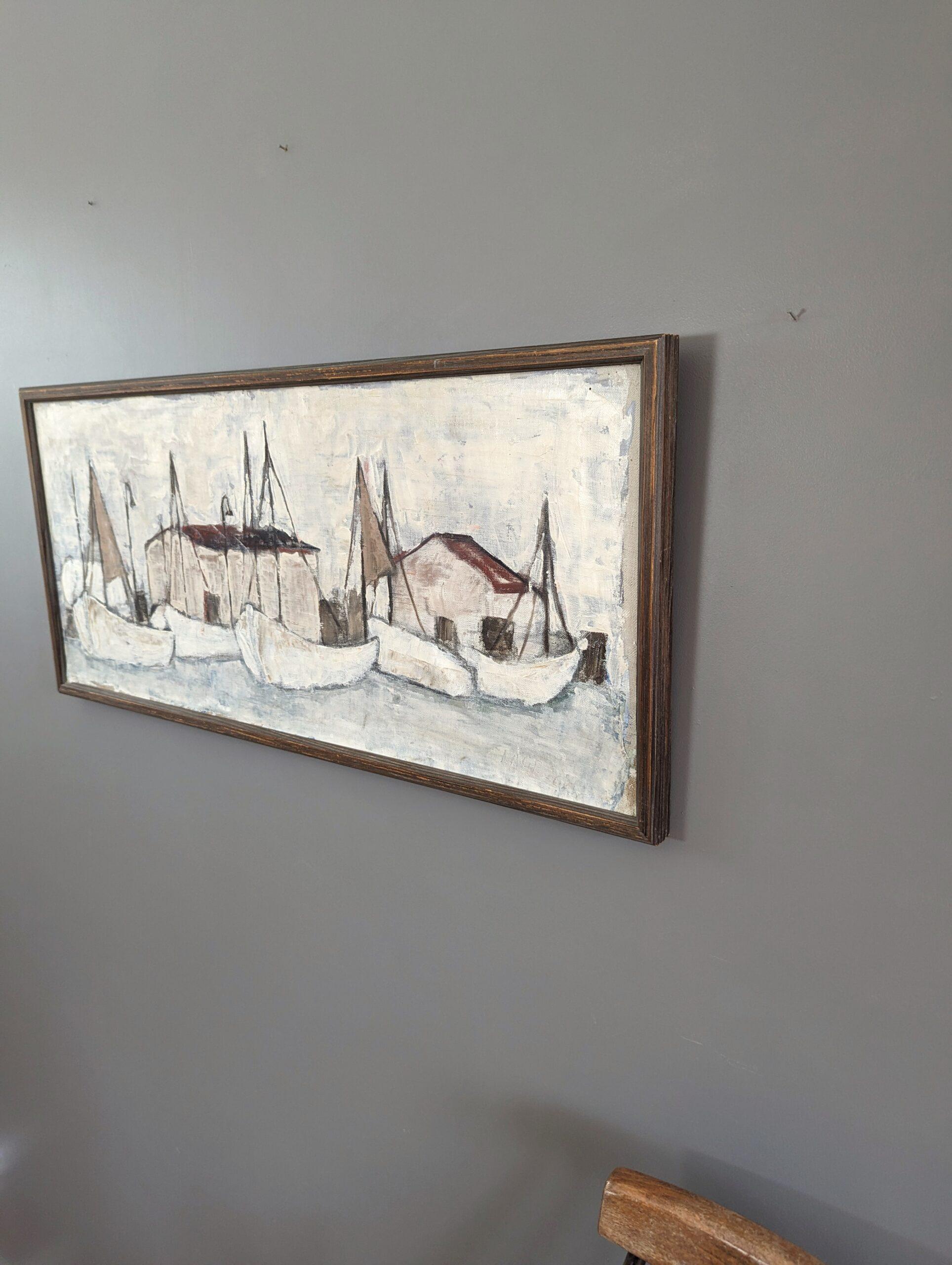 Vintage Mid-Century Swedish Expressive Seascape Oil Painting - Fishing Port For Sale 1