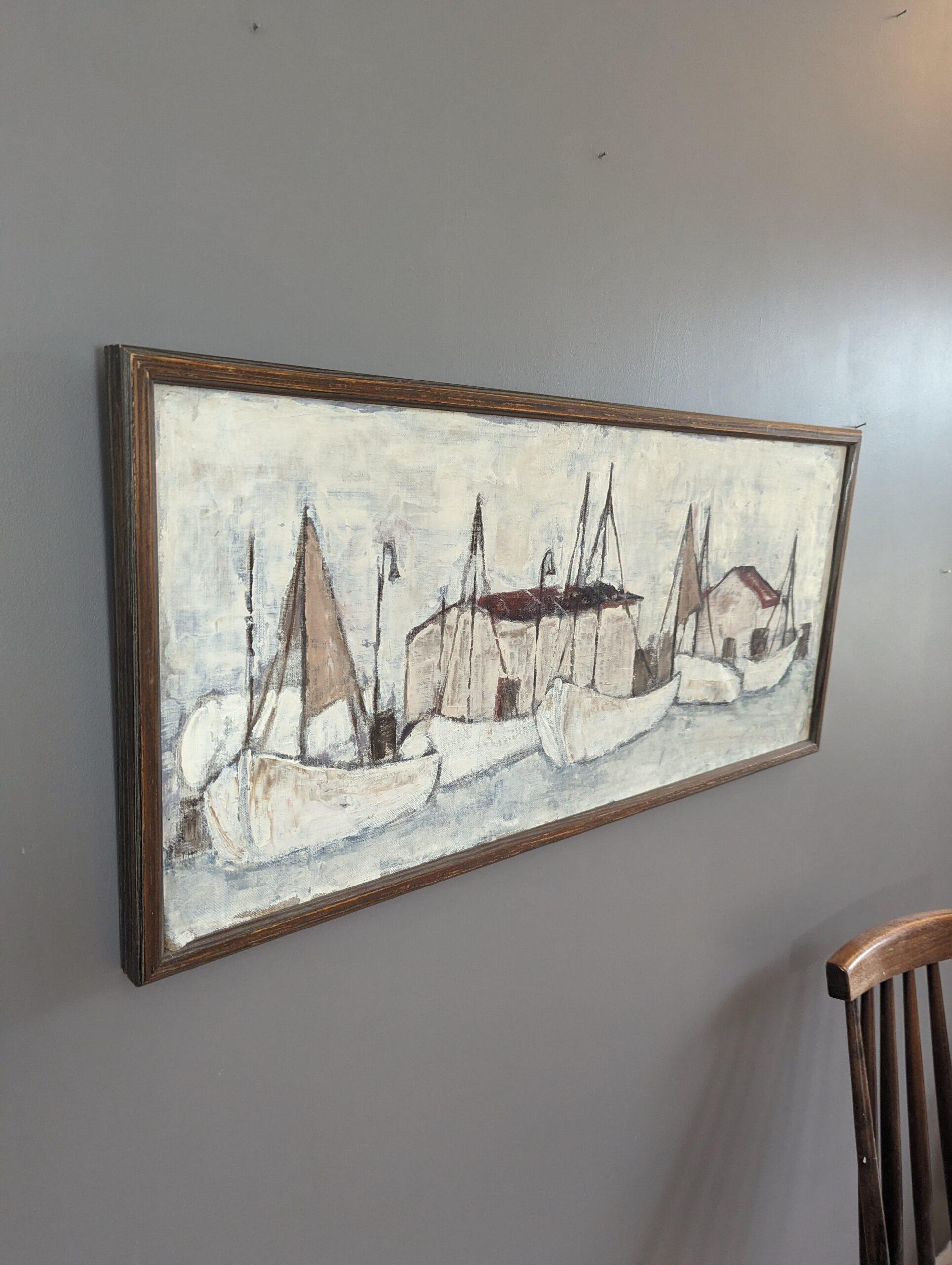 Vintage Mid-Century Swedish Expressive Seascape Oil Painting - Fishing Port For Sale 2