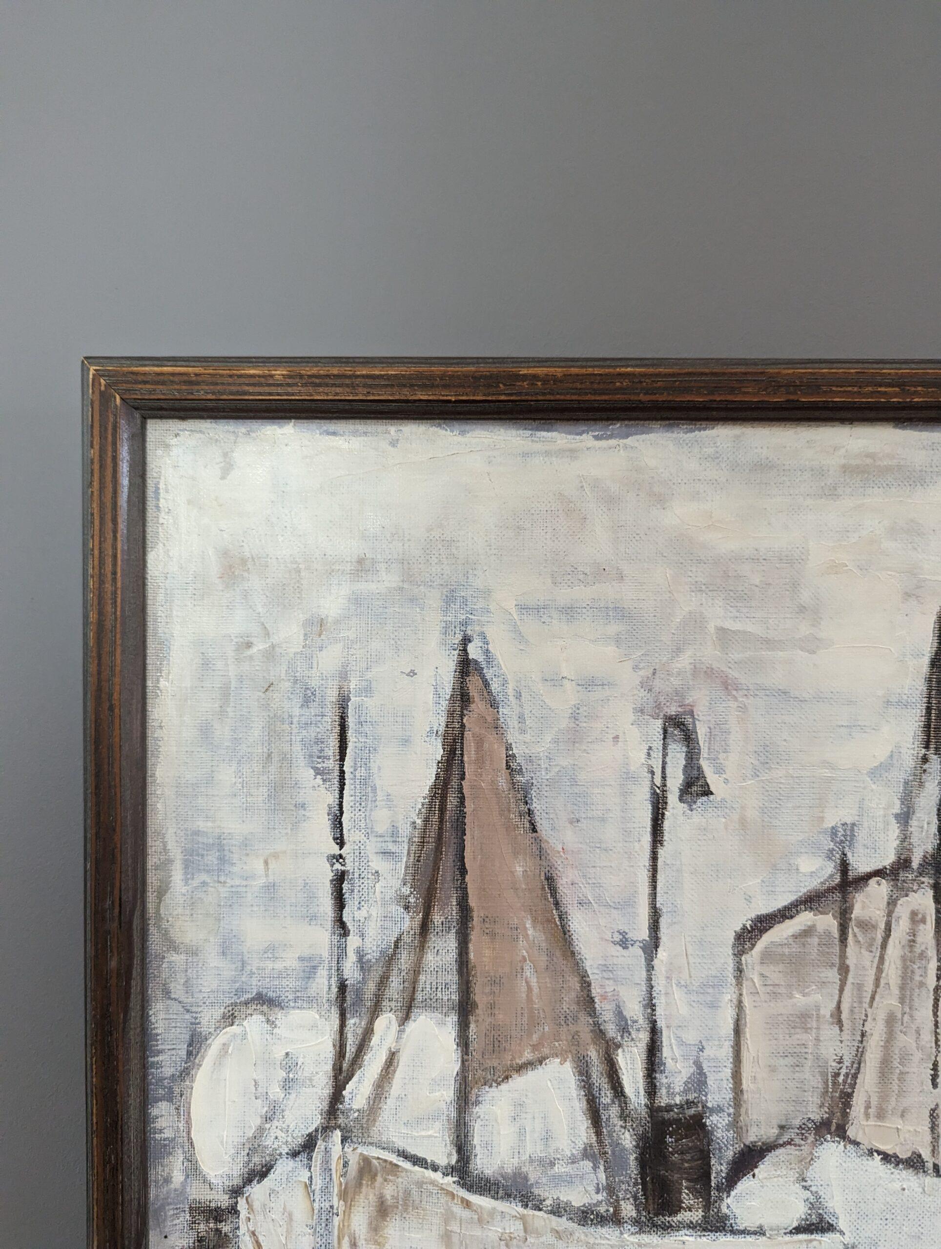 Vintage Mid-Century Swedish Expressive Seascape Oil Painting - Fishing Port For Sale 3