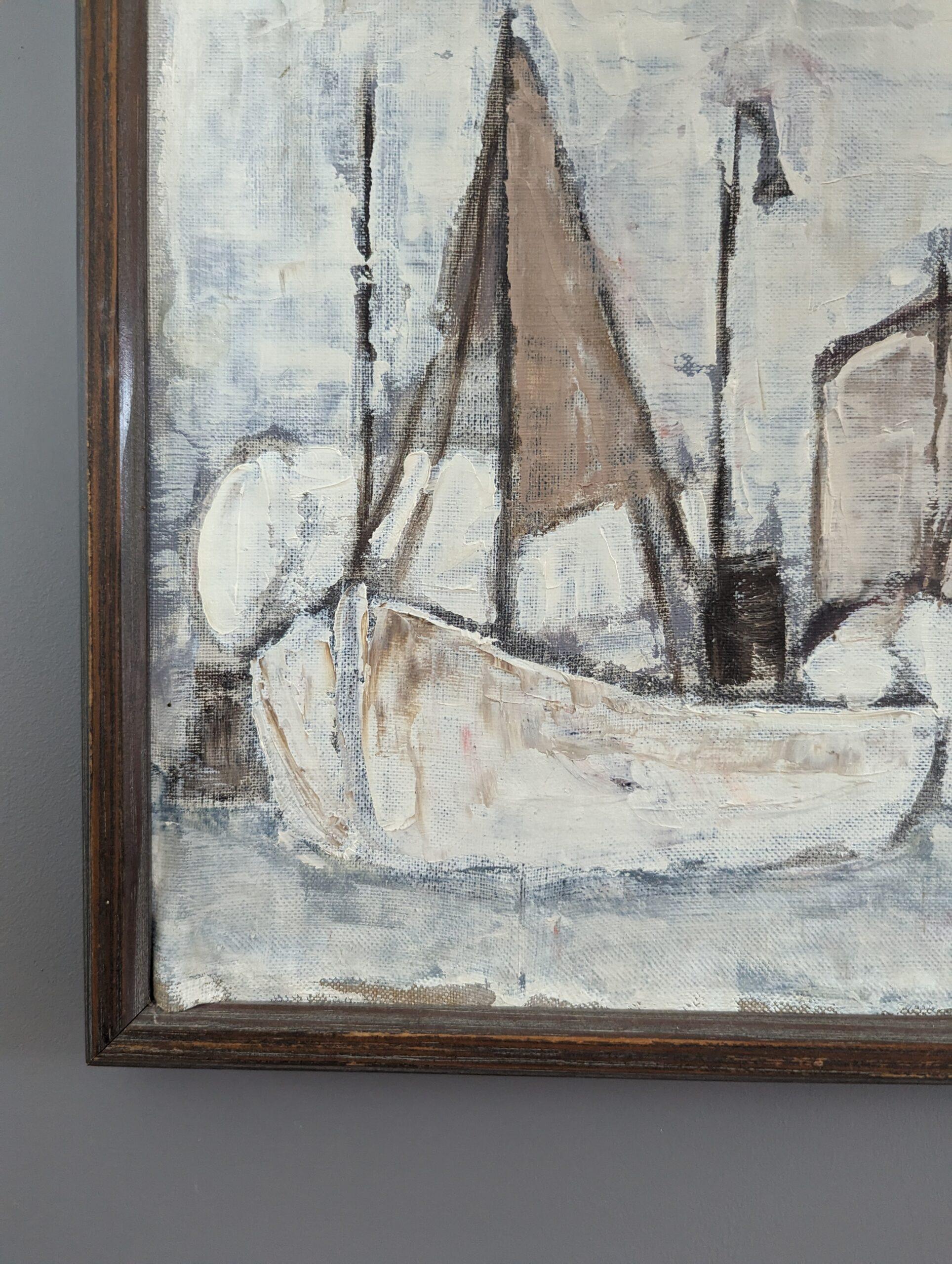Vintage Mid-Century Swedish Expressive Seascape Oil Painting - Fishing Port For Sale 4