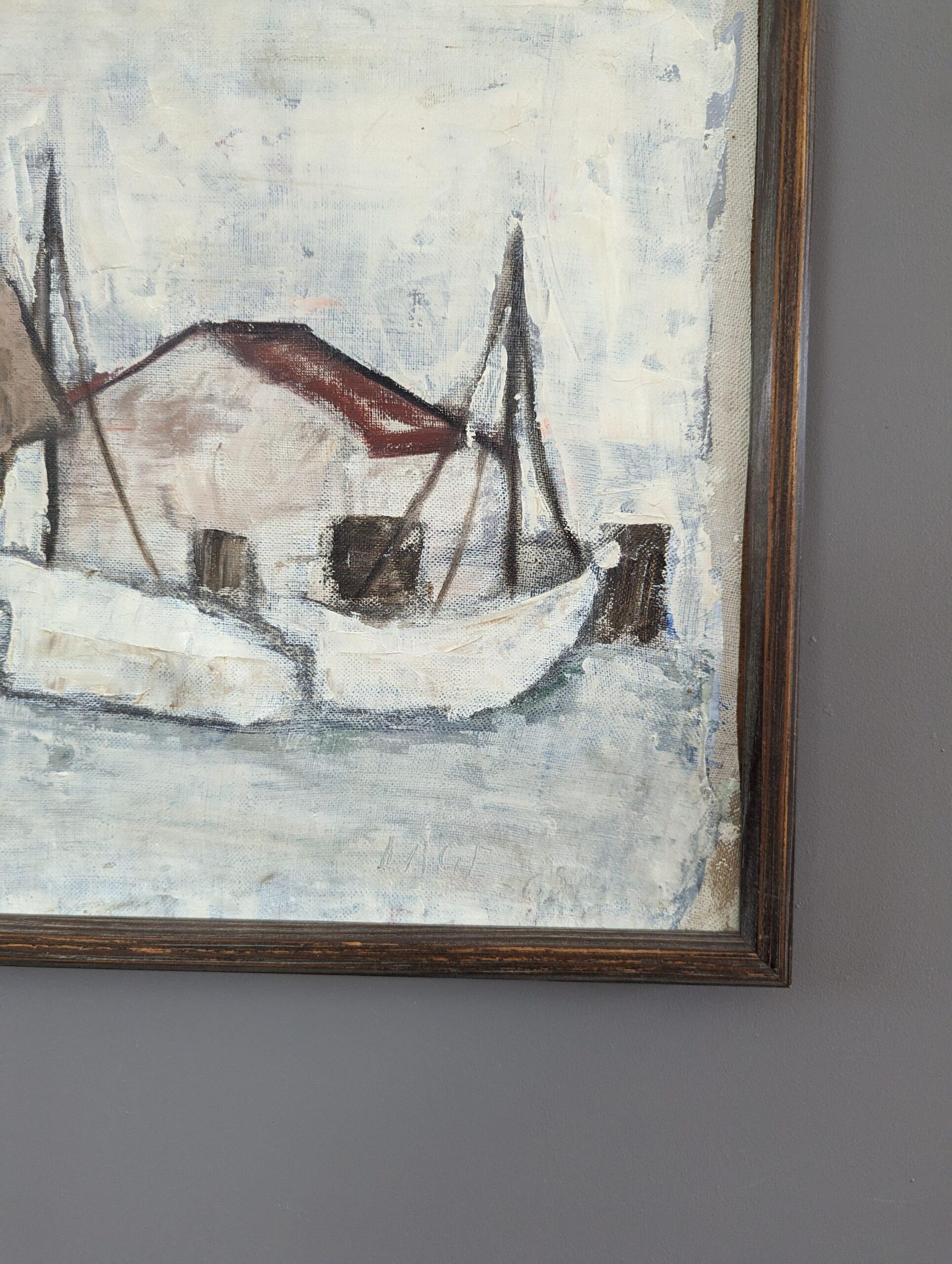 Vintage Mid-Century Swedish Expressive Seascape Oil Painting - Fishing Port For Sale 5