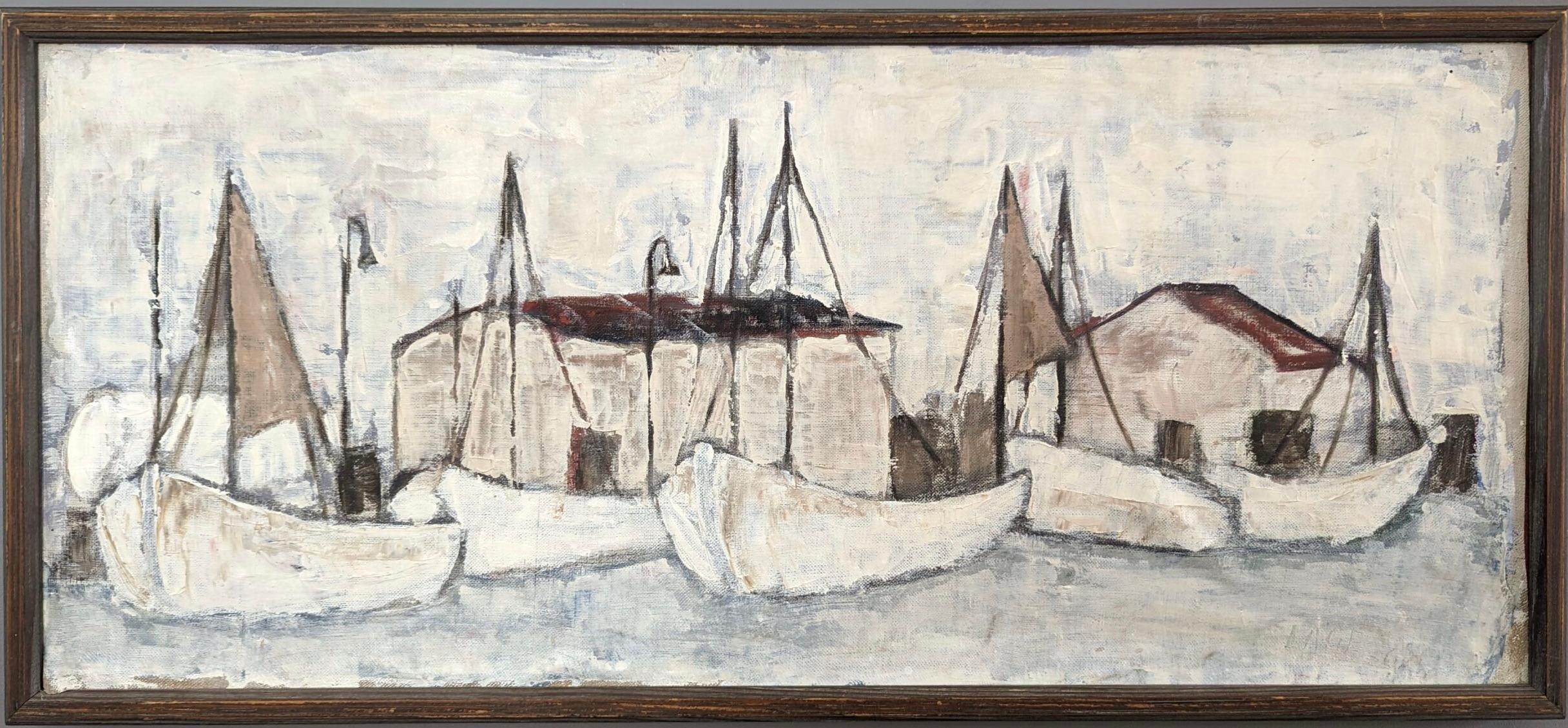 Schwedisches expressionistisches Vintage-Ölgemälde, Mid-Century- Meereslandschaft, Ölgemälde, Fischerei-Port