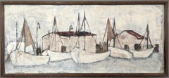 Used Mid-Century Swedish Expressive Seascape Oil Painting - Fishing Port