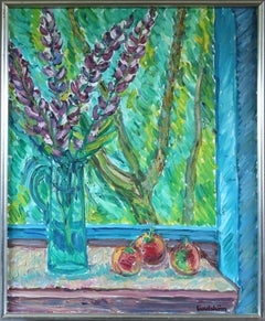 Vintage Mid Century Swedish Expressive Still Life Oil Painting -Lavender & Fruit