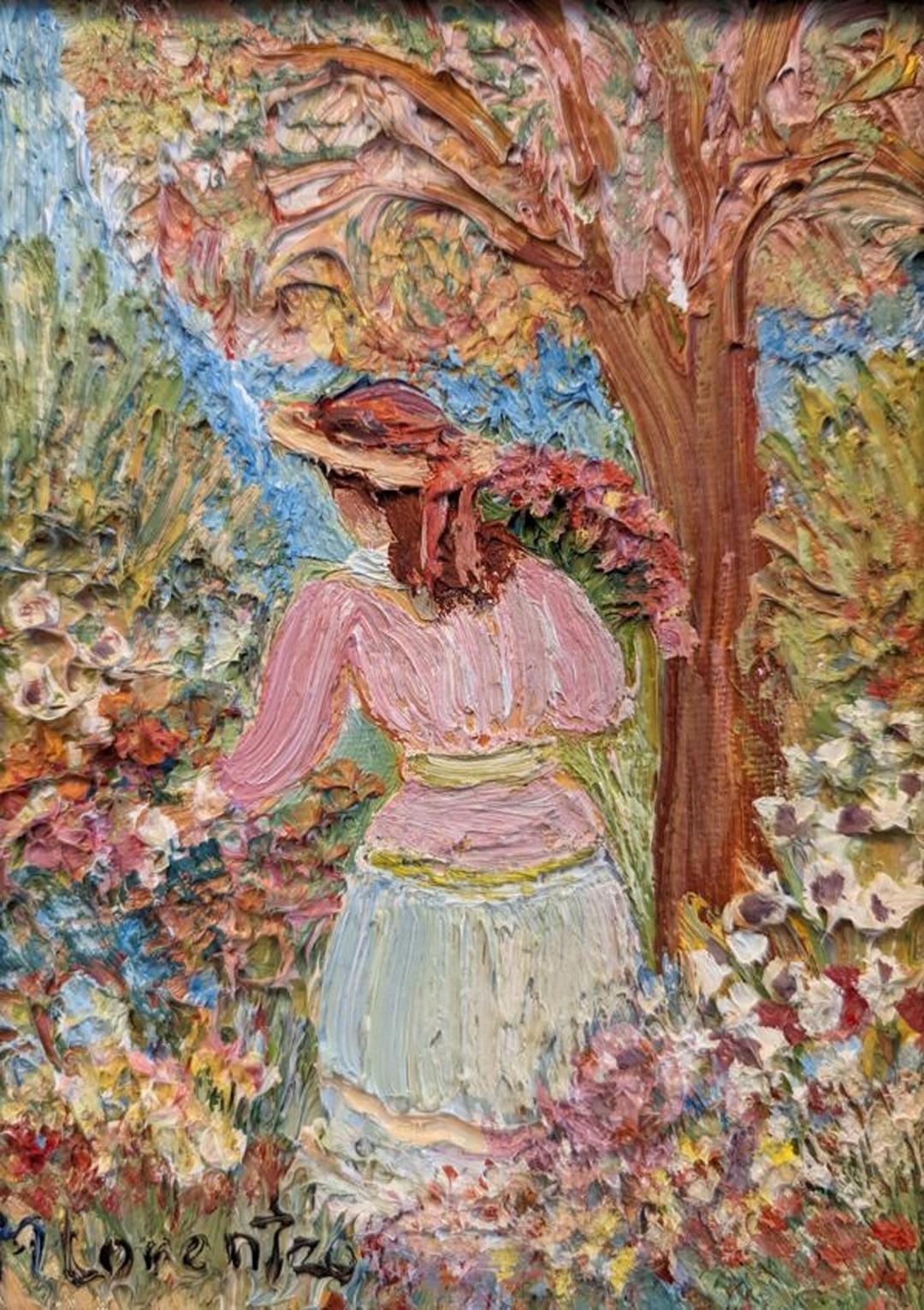 Vintage Mid-Century Swedish Figurative Framed Oil Painting - Girl in the Garden For Sale 8